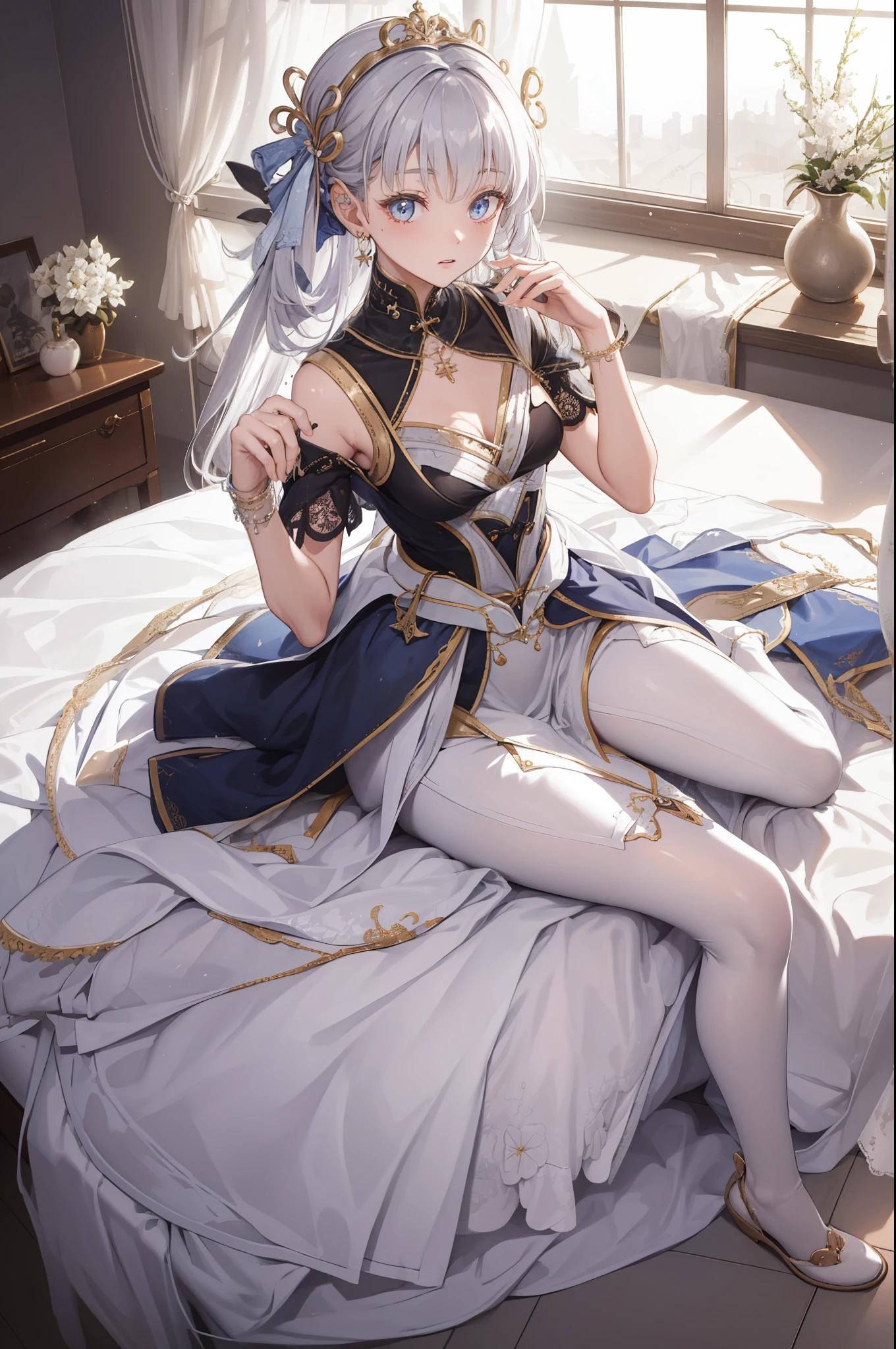 (best quality,4K,8k,high resolution,masterpiece:1.2),Extremely detailed,milf,,magic,enchanting,joy,Divine goddess,magical effect,Silver hair,blue eyes,Transparent dress,Exquisite decoration,Features of the magical costumes of the heavens，A small amount of sky blue cloth,Exquisite clothing,Layered Skirt,detailed lace,Delicate ruffles,bedroom,alone,at night,Lace pantyhose,Sacred stripes,Transparent clothing,Jewelry embellishments，Cute skirt