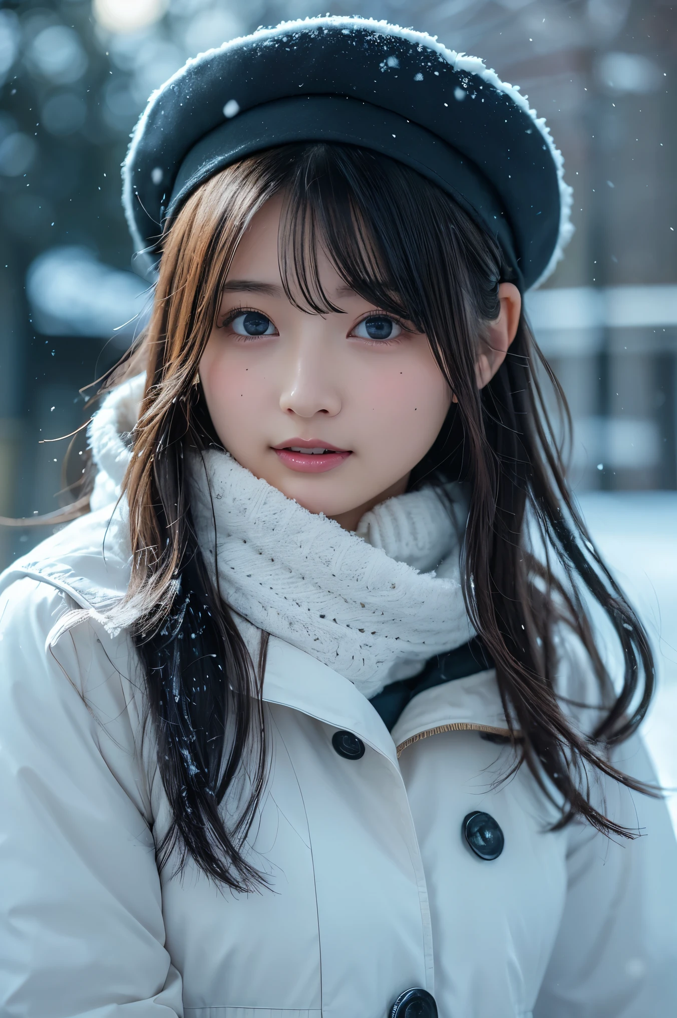 Arafed asian woman in a white coat and hat in the snow - SeaArt AI