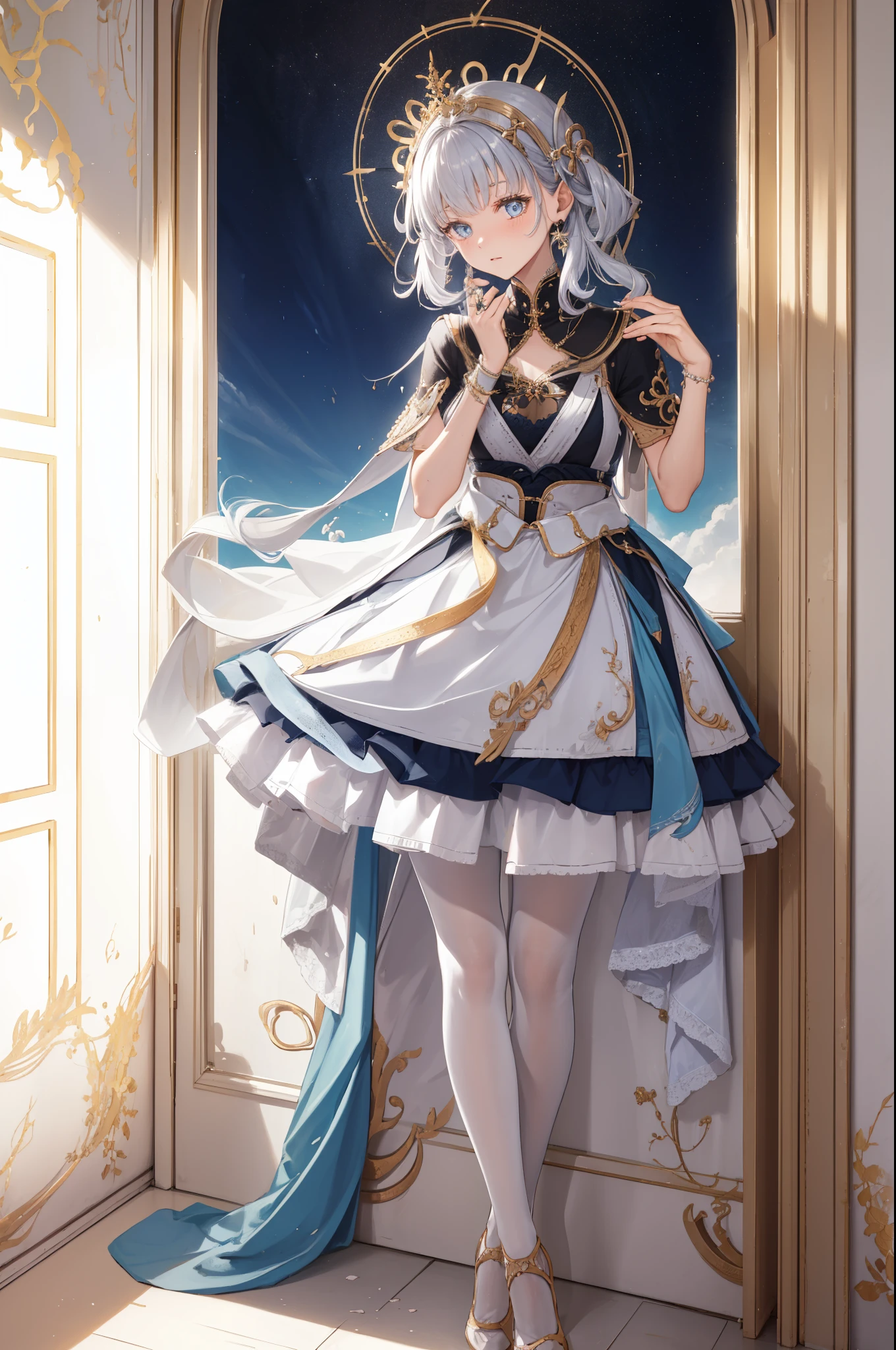 (best quality,4K,8k,high resolution,masterpiece:1.2),Extremely detailed,milf,,magic,enchanting,joy,Divine goddess,magical effect,Silver hair,blue eyes,Transparent dress,Exquisite decoration,Features of the magical costumes of the heavens，A small amount of sky blue cloth,Exquisite clothing,Layered Skirt,detailed lace,Delicate ruffles,bedroom,alone,at night,Lace pantyhose,Sacred stripes,Transparent clothing,Jewelry embellishments，Cute skirt