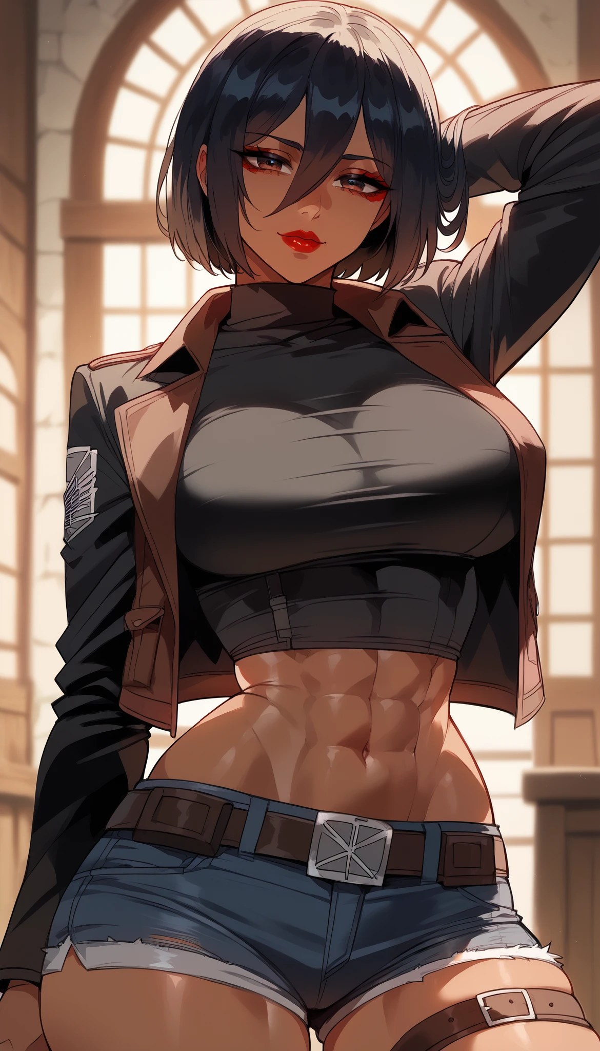 Mikasa_Ackerman，pessoa solo，por si mesmo，Roupas fora dos ombrousclina，clivagem，umbigo，cintura aberta，Abs，Linha Colete，Traje fora do ombro, bikini, ray tracing, 8k, obra prima