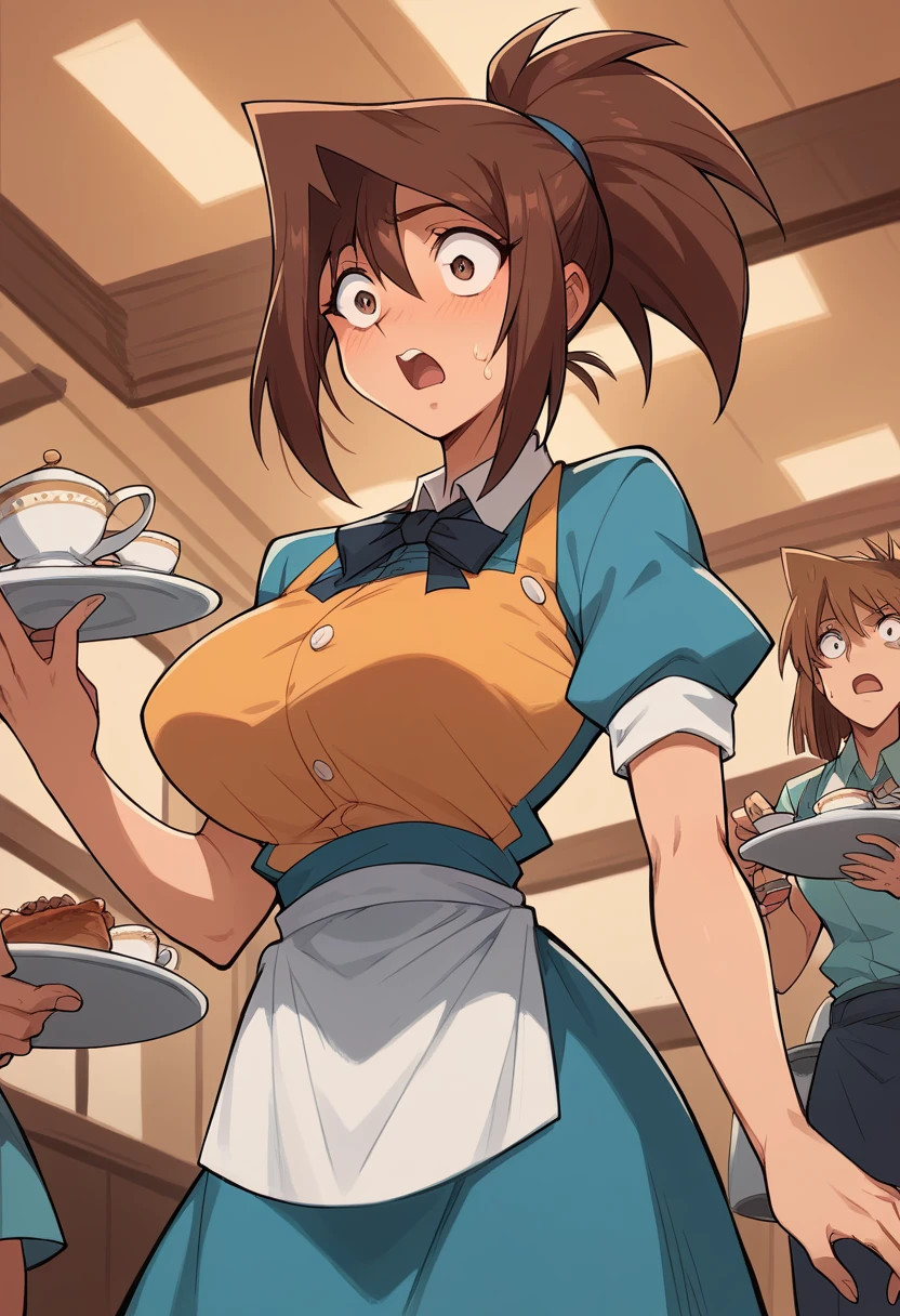 tea gardner,  brown hair ,  big breasts shirt, waitress, sensual, Surprised