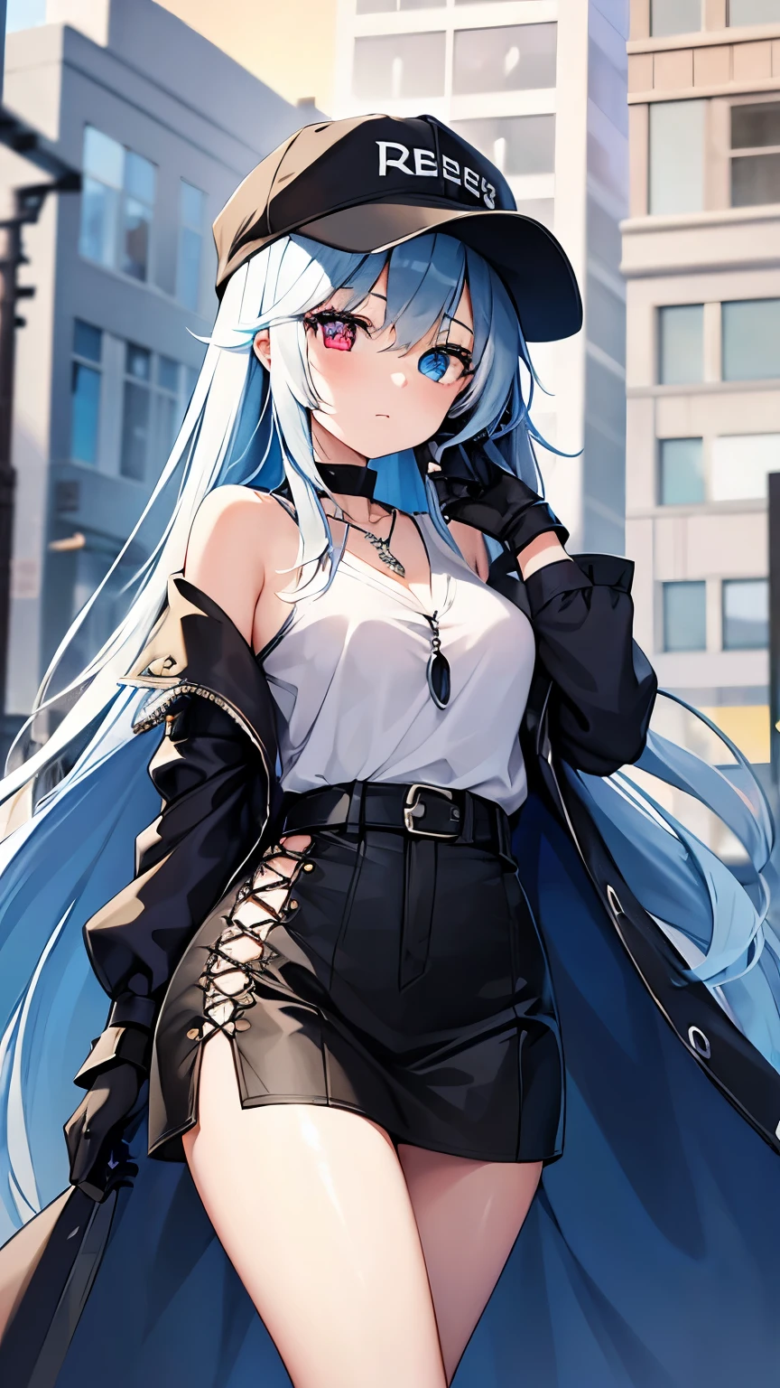 1girl, long bluish hair, 🧢, heterochromia eyes, necklace, oversize shirt, gloves, 🩳