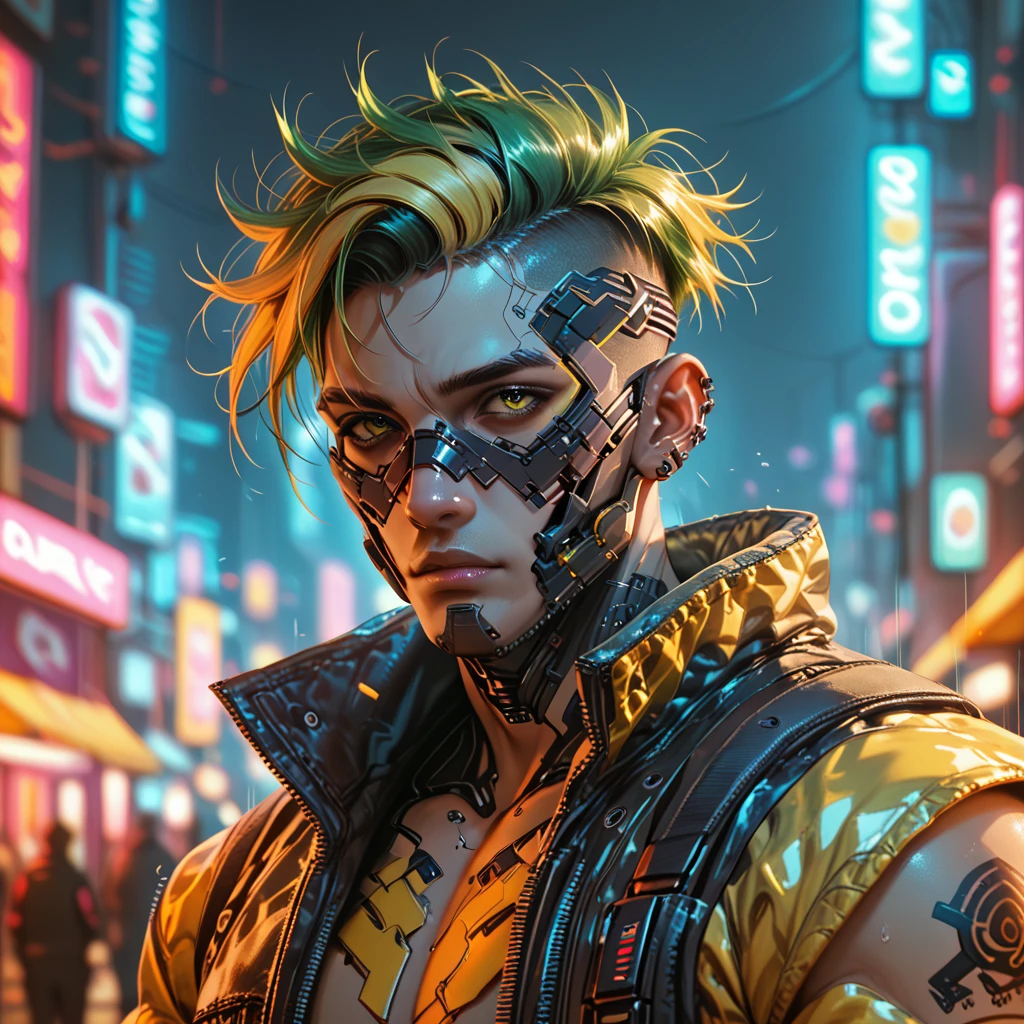 cyborg, 1_man_cyberpunk_2077, barghest, neon yellow and black techwear, bulky dude in a post apocalyptic las vegas, neon yellow punk hair, wearing a mask with airfilter
