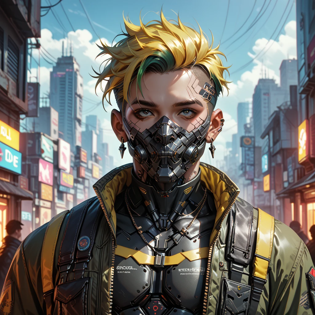 cyborg, 1_man_cyberpunk_2077, barghest, neon yellow and black techwear, bulky dude in a post apocalyptic las vegas, neon yellow punk hair, wearing a mask with airfilter
