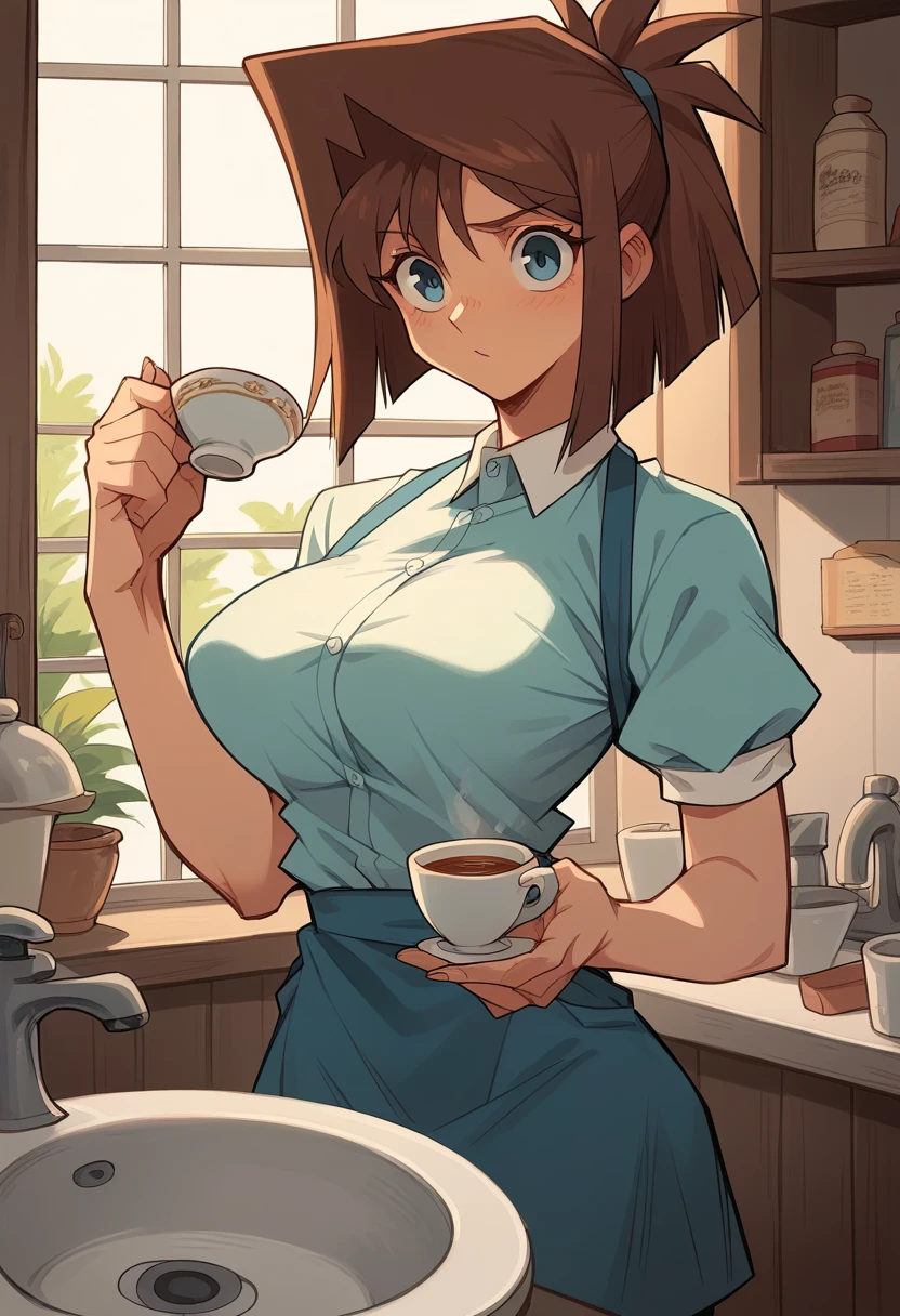 tea gardner,  brown hair ,  big breasts shirt, waitress, sensual, bathroom, bothers, 