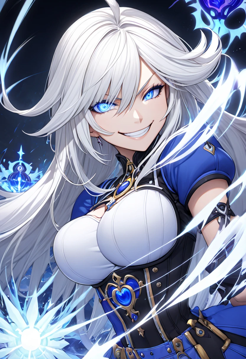 masterpiece, hyperdetail, white hair, blue eyes, round breasts, large breasts, kingdom hearts, kingdom hearts 3, smirk, glowing eyes, white aura, keyblade, evil smile, powerful, final boss, long hair, 