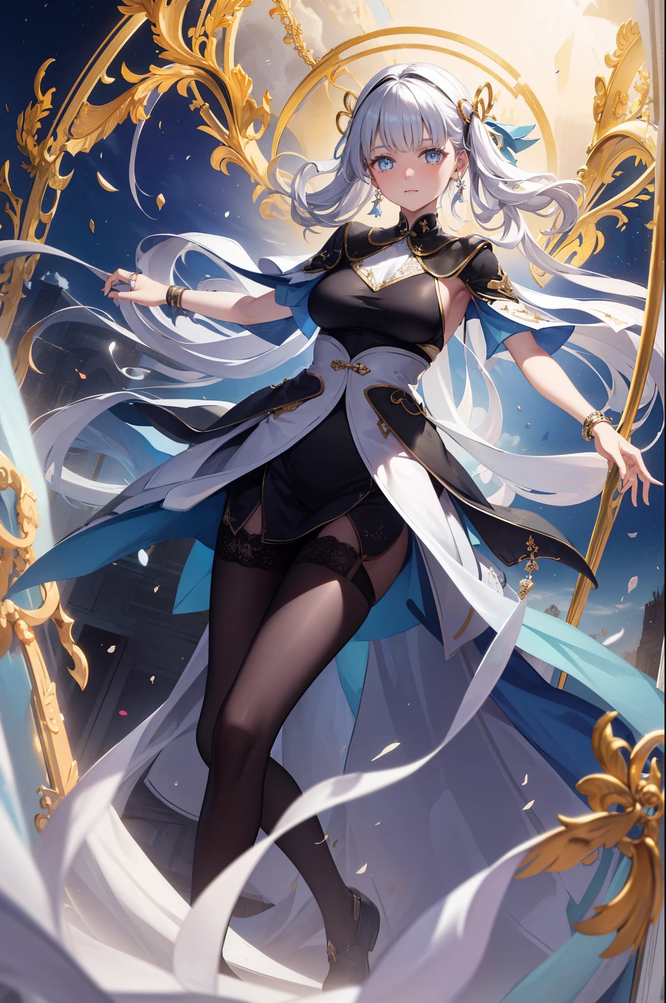 (best quality,4K,8K,high resolution,masterpiece:1.2),Extremely detailed,milf,,magic,enchanting,joy,Divine goddess,magical effect,Silver hair,Blue eyes,Transparent dress,Exquisite decoration,Features of the magical costumes of the heavens，A small amount of sky blue cloth,Exquisite clothing,Layered Skirt,detailed lace,Delicate ruffles,bedroom,Alone,at night,Lace pantyhose,Sacred stripes,Transparent clothing,Jewelry embellishments