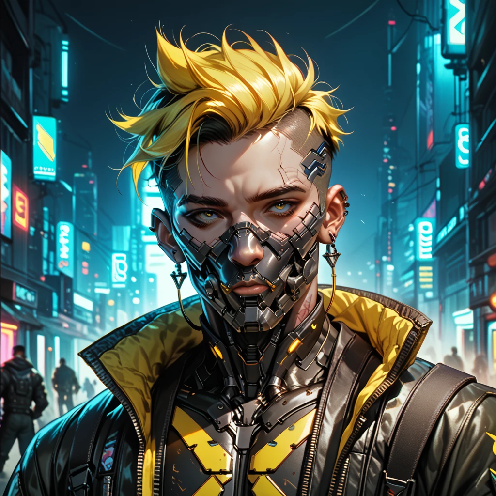 cyborg, 1_man_cyberpunk_2077, barghest, neon yellow and black techwear, bulky dude in a post apocalyptic las vegas, neon yellow punk hair, wearing a mask with airfilter
