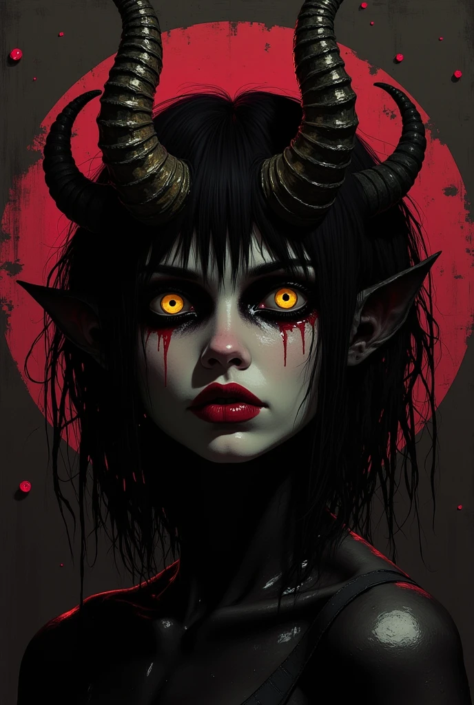 Gloomy, creepy horror, something out of this world. (Female Succubus-demon of lust and debauchery), evil but beautiful face, glossy dark cherry-yellow hellish look, scary-beautiful expressive look in the style of Frank Frazetta, Aykut Aydogdu, Pino Daeni, Charlie Bowett, Albert Joseph Peno, Ray Caesar, Tetsuya Ishida. Zdzislaw Beksinski. masterpiece. Best quality. Beautiful cinematic impressionistic painting in the style fairytale background) (Minimalism: 1), original details. Ashley Wood style. Stephen Gammell.
