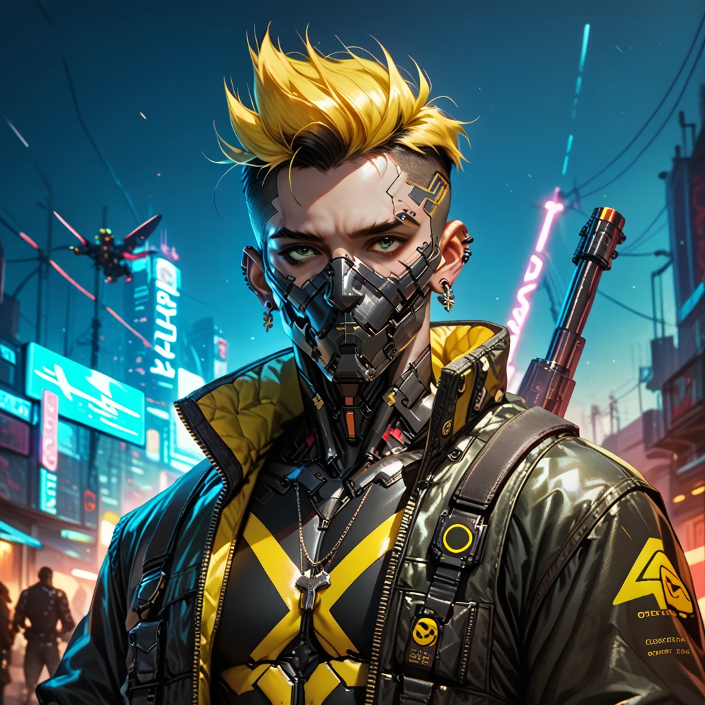 cyborg, 1_man_cyberpunk_2077, barghest, neon yellow and black techwear, bulky dude in a post apocalyptic las vegas, neon yellow punk hair, wearing a mask with airfilter, weapon on his shoulder, scoff
