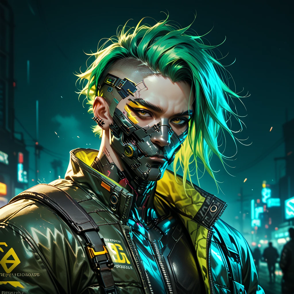 cyborg, 1_man_cyberpunk_2077, barghest, neon yellow and black techwear, bulky dude in a post apocalyptic las vegas, neonyellow and neongreen punk hair, wearing a mask with airfilter
