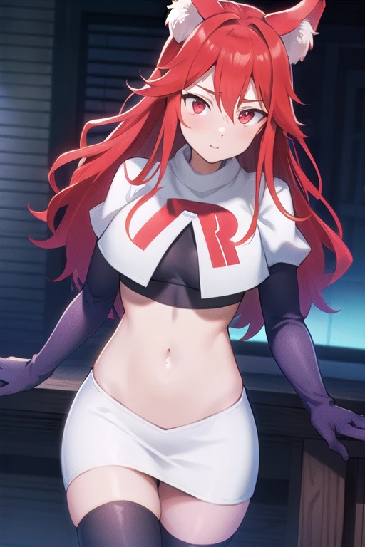 masterpiece, perfect lighting, (beautiful, best quality:1.3), perfect eyes, absurdres, 8k,
1girl, solo, (absurdres), finely detail,
flay_strongest, long hair, wolf ears, , wolf girl, red eyes, red hair,
team rocket,team rocket uniform,white skirt,red letter R,crop top,black thigh-highs,black elbow gloves, navel,