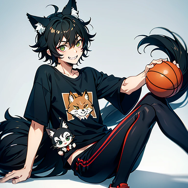 ultra detallado,  Best quality , finely detail , anime boy, nothing, 1 , male,  black hair ,  short hair,  messy and pointed hair,  voluminous and disheveled hair ,  Fox ears ,  Animal ears, black feline tail , Shohoku number 11 red basketball t-shirt,  black shorts , Casual clothing, evil smile, relaxed expression, smile, white eyes, green pupils, red nose