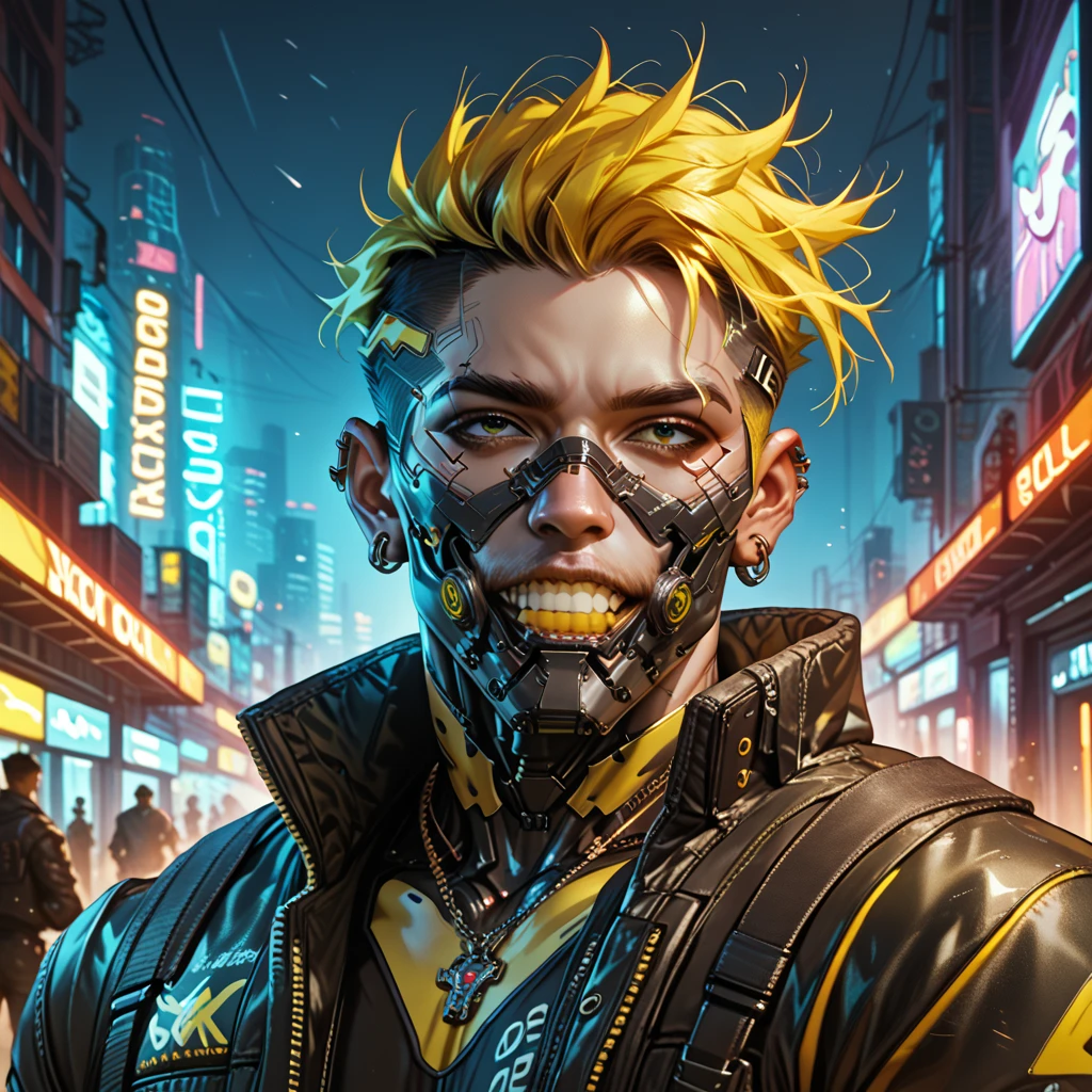 cyborg, 1_man_cyberpunk_2077, barghest, neon yellow and black techwear, bulky dude in a post apocalyptic las vegas, neon yellow punk hair, wearing a mask with airfilter and golden teeth
