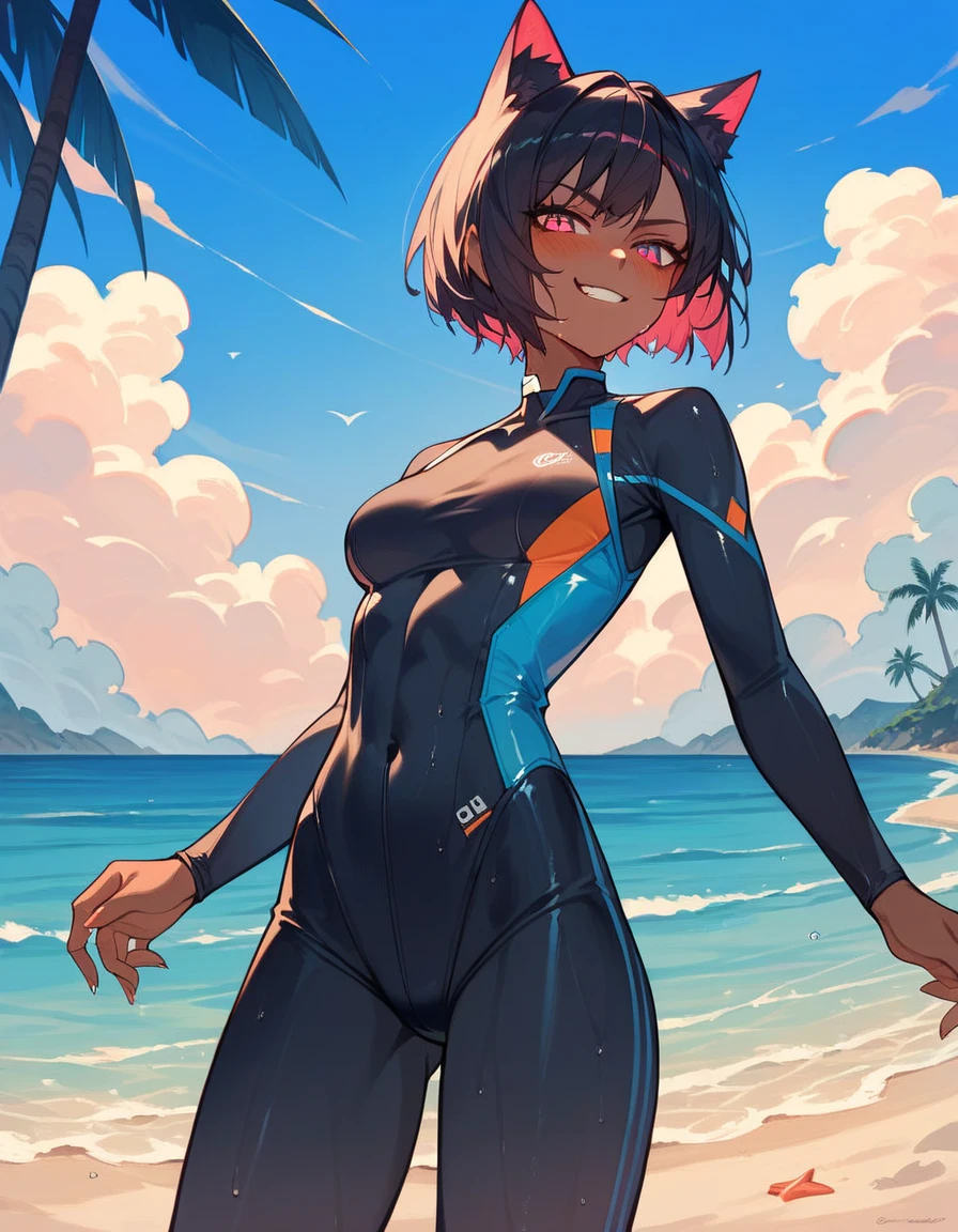 a seductive small breasted sweaty woman with neon-yellow leotard dancing on beach, dark skin, slingshot leotard, she is smiling, silver eyes, black curly hair, short curly hair, dancing, night sky, neon-yellow leotard, tanned skin, sweaty body