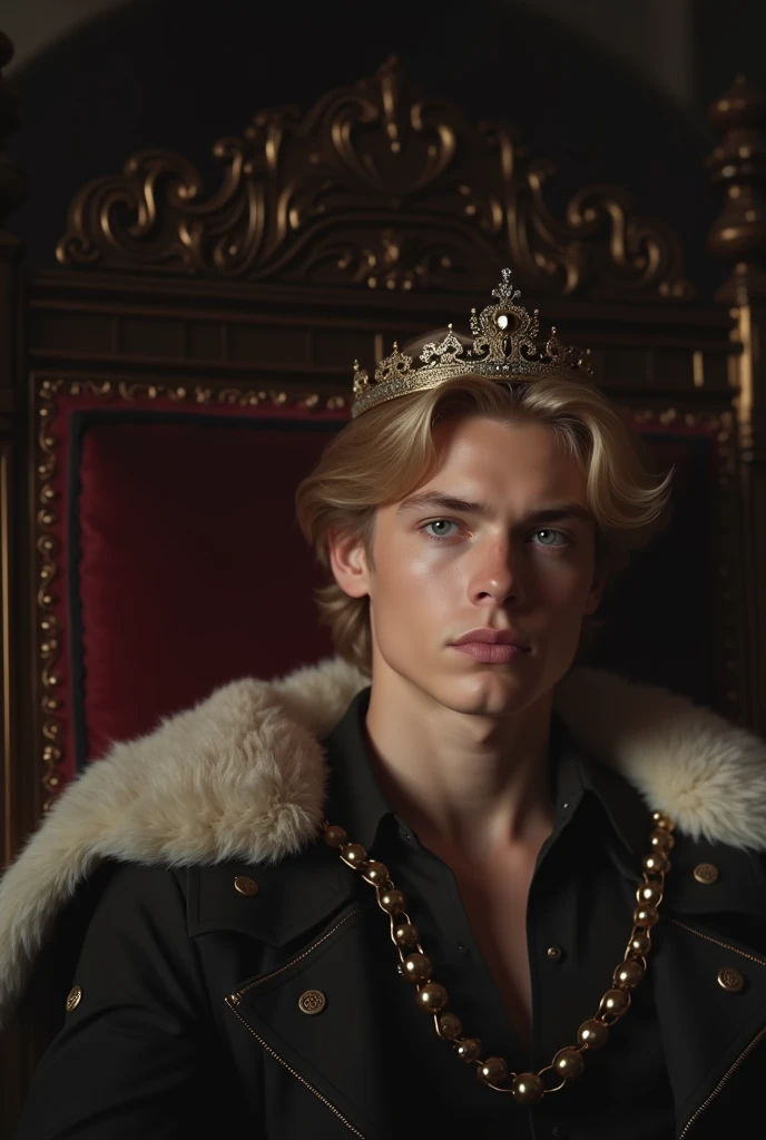 Photorealistic, ((best quality)), ((masterpiece)), (detailed), disney masculine portrait of young fairytale prince, 18-year-old male models, Disney fairytale, handsome, tall, cute looking, evil look, dark look, powerful, young male, handsome model, clean shave, (blue eyes:1.6) (short curly messy brown hair:1.2), messy curly hair, super strong, muscular, fit, massive muscles, six pack, (shirtless:1.5), barechested, half-naked, topless, muscle, ripped, strong body, fit body, great chest, amazing arms, (evil fairytale masculine crown:1.4), fantasy royal jewels, fairytale castle in the background, (Dark background:1.2) 8k, high detailed, ultra-detailed, Stylish Pose, real skin texture, dark cinematic lighting
