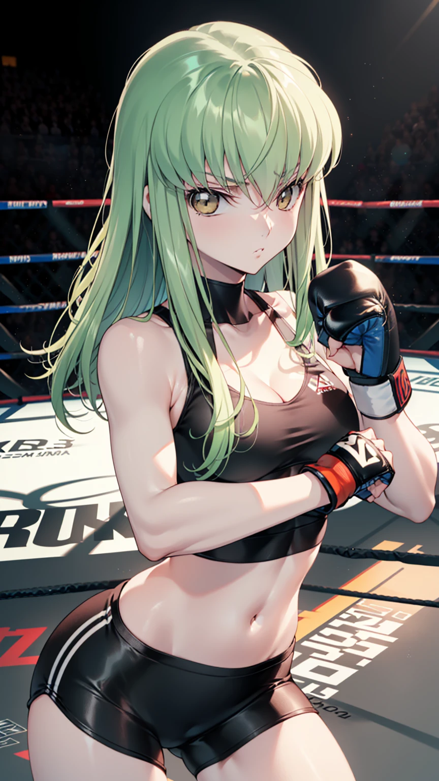 CC_Code Geass, Hair between the eyes, Very long hair 1 person, Bright light, alone, (masterpiece, Highest quality), 8k, Intricate details, (on MMA Arena :1.5), (wearing sports bra:1.5, wearing tight fit spats:1.5, wearing MMA gloves:1.3, sleeveless), cleavage, belly button, (bare thigh), slender body, Highly detailed face, Highly detailed eye, Toned stomach, looking at viewer, realistic background, (serious face), woman boxer, (heroic stance pose, boxing stance, in a fighting pose), stage light, over-the-shoulder shot