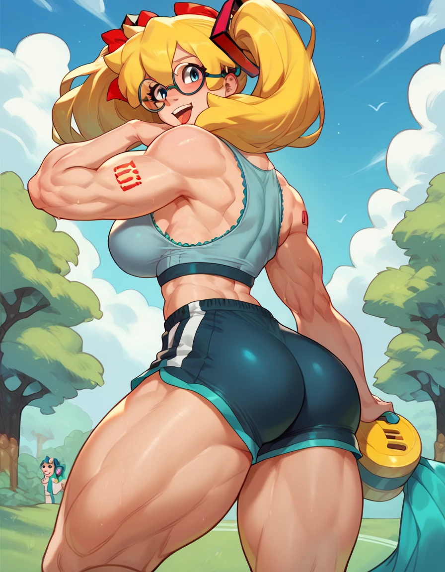 Cute blonde woman, (((Hatsune Miku yellow pigtail hair with red ribbons))) big breasts, (((Muscular and stocky))) big thighs, gym shorts, blue gym tank top, Round glasses,cute, sexy, Looking curiously to the side, bww, Character from behind