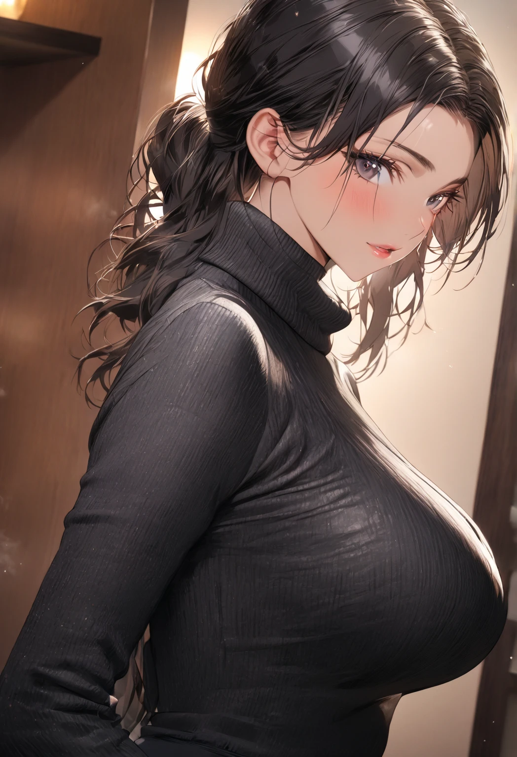 ((best quality)), ((masterpiece)), (details), (1 girl), sexy, shiny skin, glossy skin, slender body, big breasts, black hair, black eyes, turtleneck sweater, pant, housewife, Looking at viewer with gentle eyes, Introverted expression, 