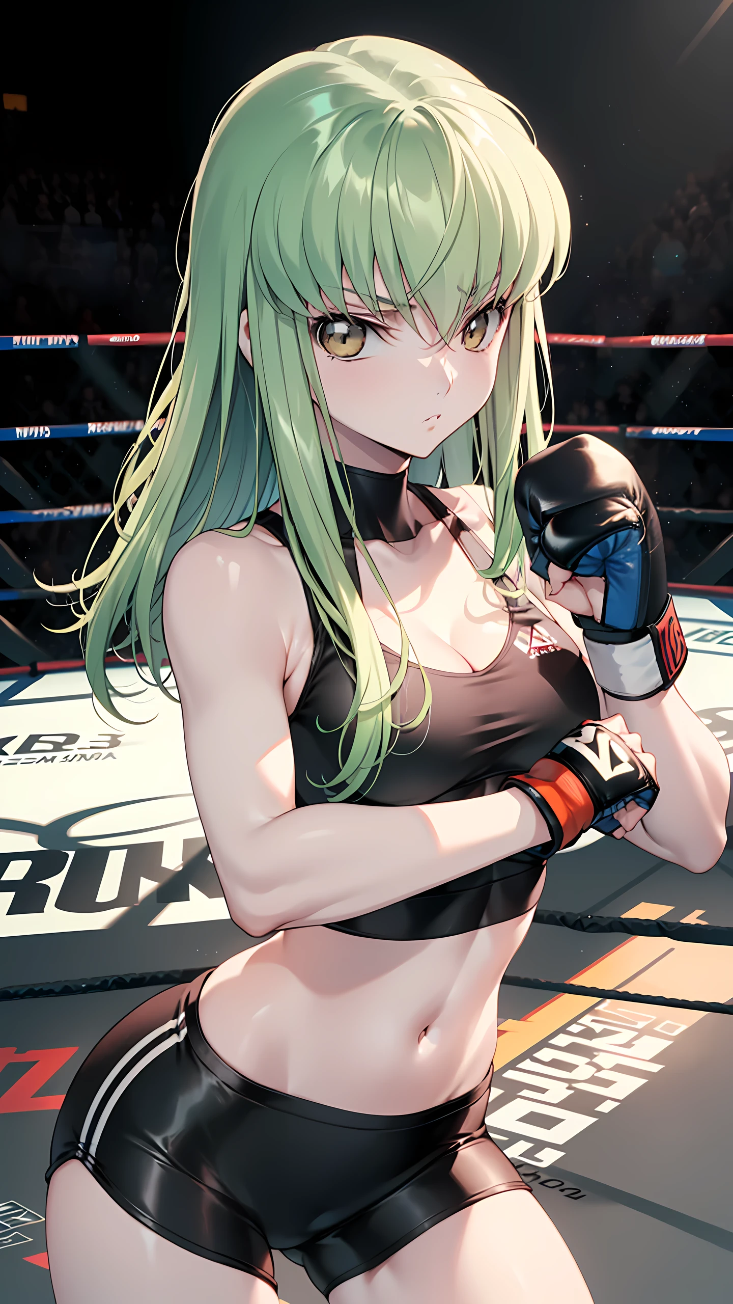 CC_Code Geass, Hair between the eyes, Very long hair 1 person, Bright light, alone, (masterpiece, Highest quality), 8k, Intricate details, (on MMA Arena :1.5), (wearing sports bra:1.5, wearing tight fit spats:1.5, wearing MMA gloves:1.3, sleeveless), cleavage, belly button, (bare thigh), slender body, Highly detailed face, Highly detailed eye, Toned stomach, looking at viewer, realistic background, (serious face), woman boxer, (heroic stance pose, boxing stance, in a fighting pose), stage light, over-the-shoulder shot