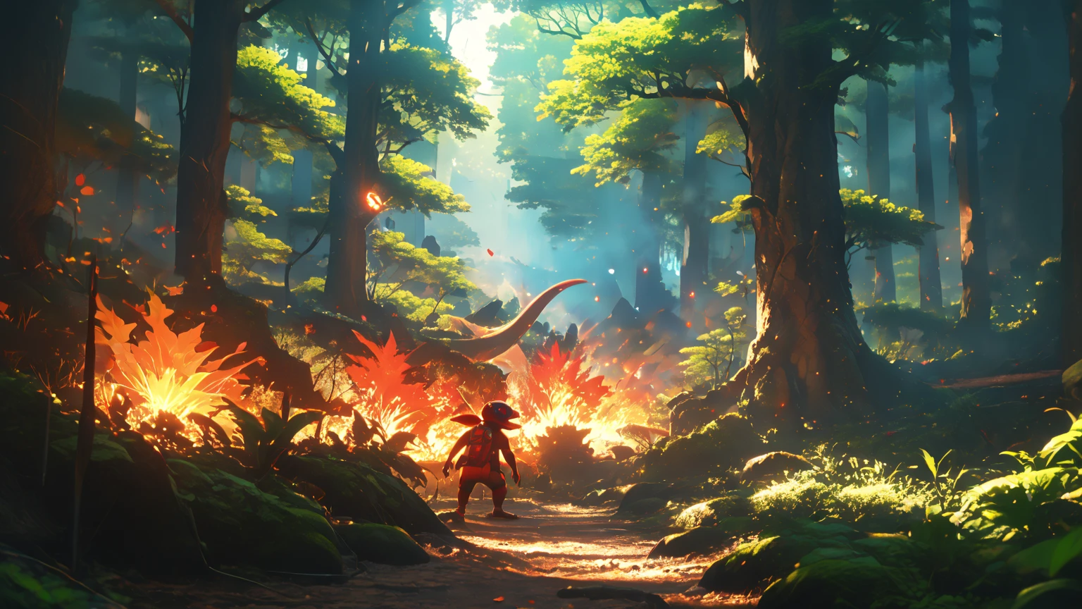 anime art, of a fire pokemon in a  forest, hes a lizard with a tongue of fire, the forest have web all over, synny day, sun flare, 