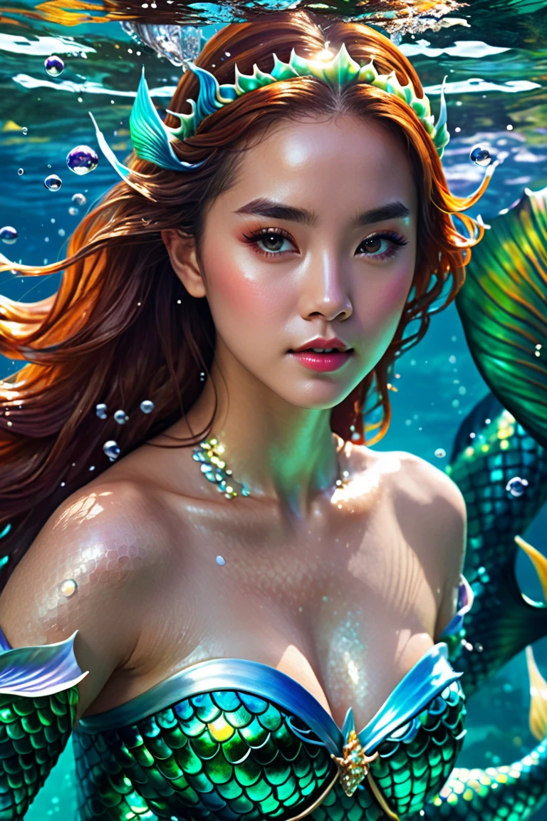 (((In the beautiful coral reef))), ((mermaid)), Masterpiece、Highest quality、8k 、Realistic,Highly detailed face、Highly detailed eyes、Highly detailed lips、(Cute Face),、smile, The double tooth is visible, Golden breastplate, Big Tits 1.6、Tight waist, Blonde、blue eyes, ((Detailed depiction of the golden scales below the navel)), ((Swim to the bottom of the ocean)), Holds a golden trident in his right hand, Place a golden tiara on your head, Wear a gold bracelet on your left wrist, Dynamic composition, ((Texture in the water))