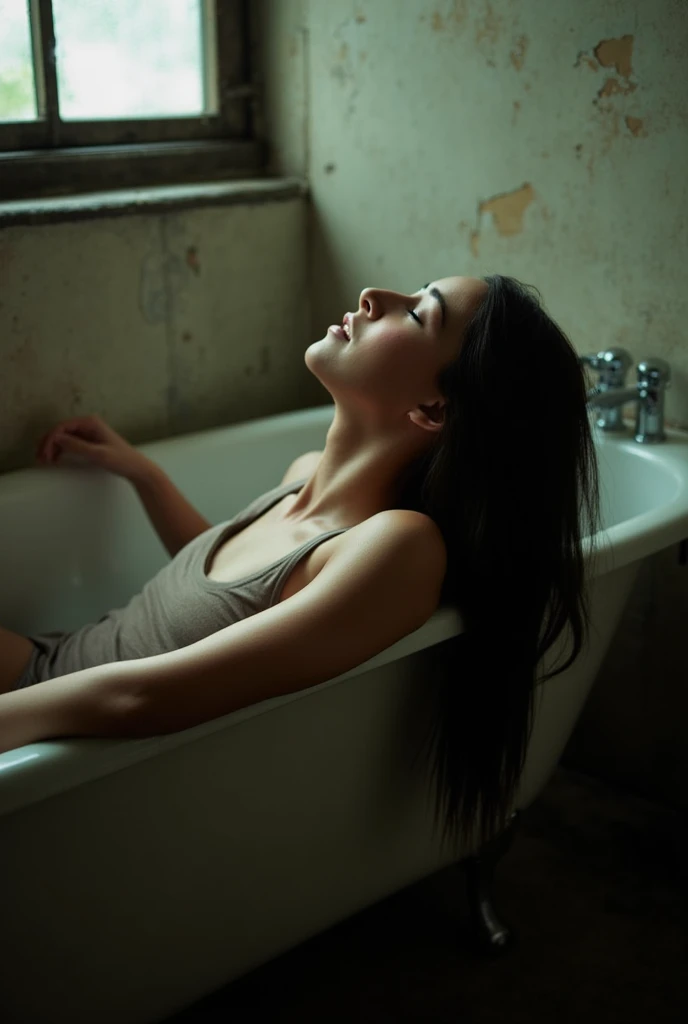 Lighting Conditions: The lighting is soft and natural, coming from a window, creating a serene and somewhat moody atmosphere. It casts gentle shadows and highlights the contours of the scene. ### Model's Posture: The model Asian woman beauty is reclining in an old bathtub, with her back resting against the edge. Her head is tilted back, and her long hair flows over the side of the tub, creating a relaxed and introspective pose. ### Outfit: The model appears to be wearing a simple, dark-colored outfit, possibly a tank top or dress. The clothing is minimal, complementing the relaxed and intimate setting. ### Background: The background features an old, somewhat rustic bathroom with a vintage bathtub and a sink. The setting appears aged, with peeling paint and an overall distressed look, adding to the atmospheric and contemplative feel of the image.