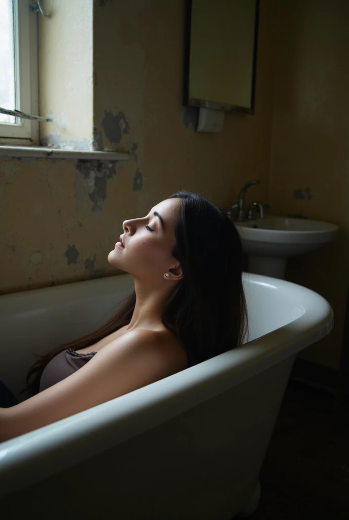 Lighting Conditions: The lighting is soft and natural, coming from a window, creating a serene and somewhat moody atmosphere. It casts gentle shadows and highlights the contours of the scene. ### Model's Posture: The model Asian woman beauty is reclining in an old bathtub, with her back resting against the edge. Her head is tilted back, and her long hair flows over the side of the tub, creating a relaxed and introspective pose. ### Outfit: The model appears to be wearing a simple, dark-colored outfit, possibly a tank top or dress. The clothing is minimal, complementing the relaxed and intimate setting. ### Background: The background features an old, somewhat rustic bathroom with a vintage bathtub and a sink. The setting appears aged, with peeling paint and an overall distressed look, adding to the atmospheric and contemplative feel of the image.