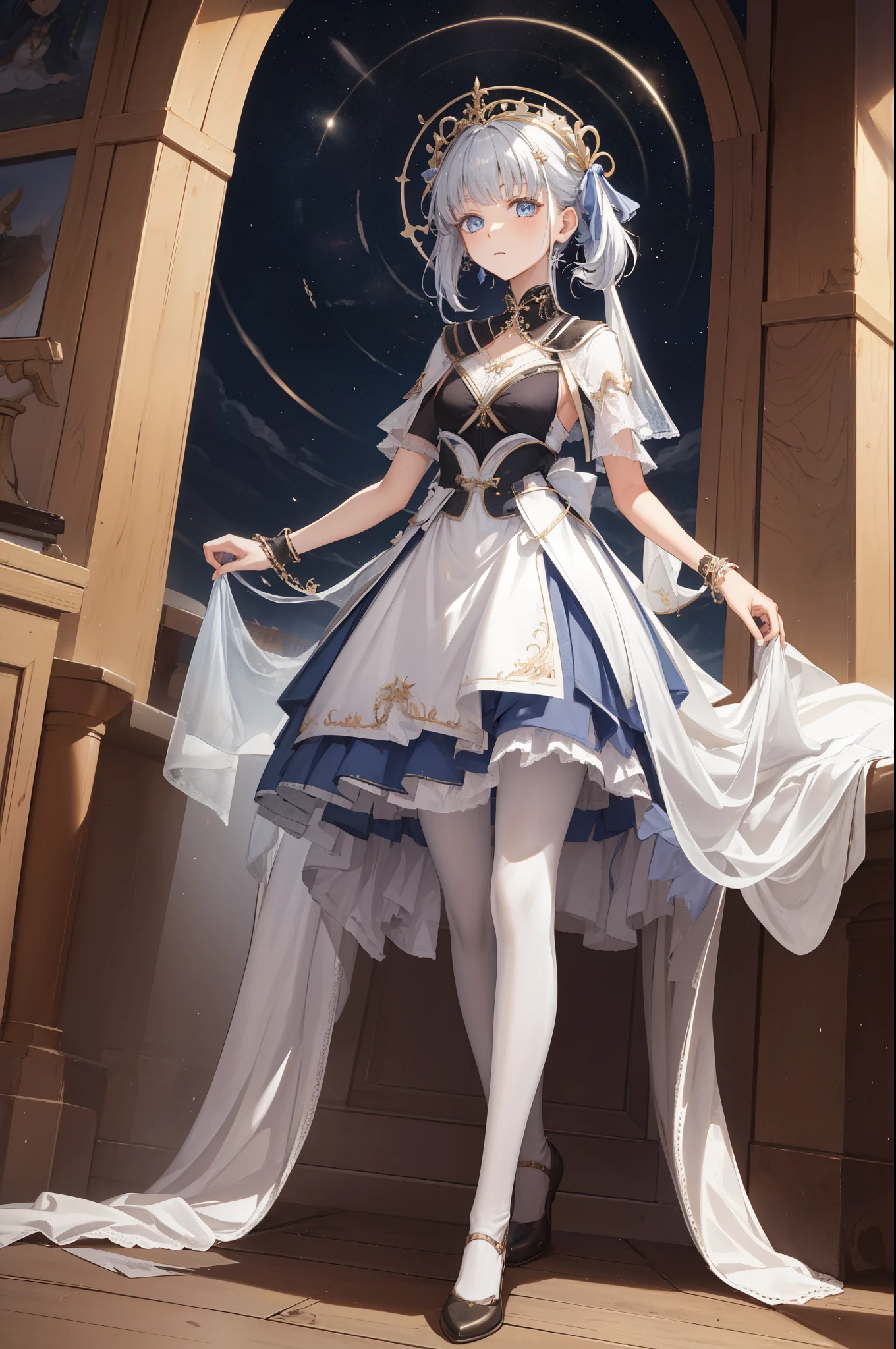 (best quality,4K,8k,high resolution,masterpiece:1.2),Extremely detailed,milf,,magic,enchanting,joy,Divine goddess,magical effect,Silver hair,blue eyes,Transparent dress,Exquisite decoration,Features of the magical costumes of the heavens，A small amount of sky blue cloth,Exquisite clothing,Layered Skirt,detailed lace,Delicate ruffles,bedroom,alone,at night,Lace pantyhose,Sacred stripes,Transparent clothing,Jewelry embellishments，Cute skirt