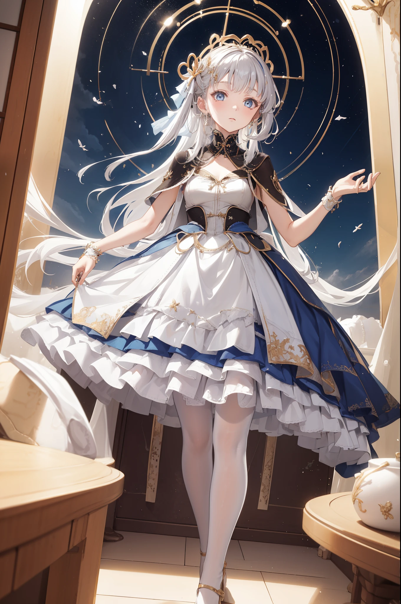 (best quality,4K,8k,high resolution,masterpiece:1.2),Extremely detailed,milf,,magic,enchanting,joy,Divine goddess,magical effect,Silver hair,blue eyes,Transparent dress,Exquisite decoration,Features of the magical costumes of the heavens，A small amount of sky blue cloth,Exquisite clothing,Layered Skirt,detailed lace,Delicate ruffles,bedroom,alone,at night,Lace pantyhose,Sacred stripes,Transparent clothing,Jewelry embellishments，Cute skirt