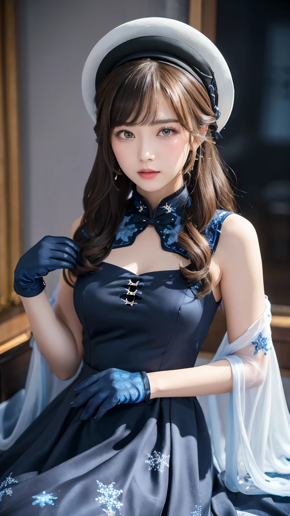     alone ，   brown hair     ,    pale   ,  Butterfly,   with sapphire eyes    ,  Butterfly装饰 Woman， black gloves ， are decorated with dark blue snowflakes and a wide    {Ten个}   装饰 Woman，Snowflake decoration，Ice impact ， The top is decorated with dark blue flowers and width  {Ten}  Wearing a blue dress， with black decorations on it   ,    A woman wearing a low cut    , Blue Ribbon,    Woman，， The top is decorated with dark blue flowers and width    , cheongsam，Wide-brimmed hat  ，