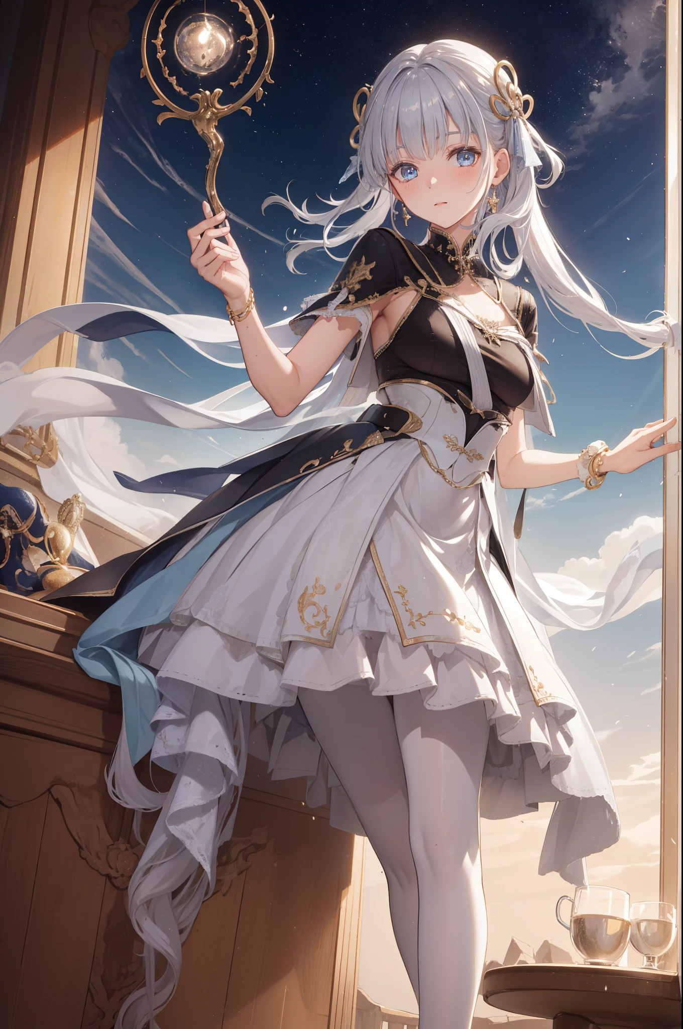 (best quality,4K,8k,high resolution,masterpiece:1.2),Extremely detailed,milf,,magic,enchanting,joy,Divine goddess,magical effect,Silver hair,blue eyes,Transparent dress,Exquisite decoration,Features of the magical costumes of the heavens，A small amount of sky blue cloth,Exquisite clothing,Layered Skirt,detailed lace,Delicate ruffles,bedroom,alone,at night,Lace pantyhose,Sacred stripes,Transparent clothing,Jewelry embellishments，Cute skirt