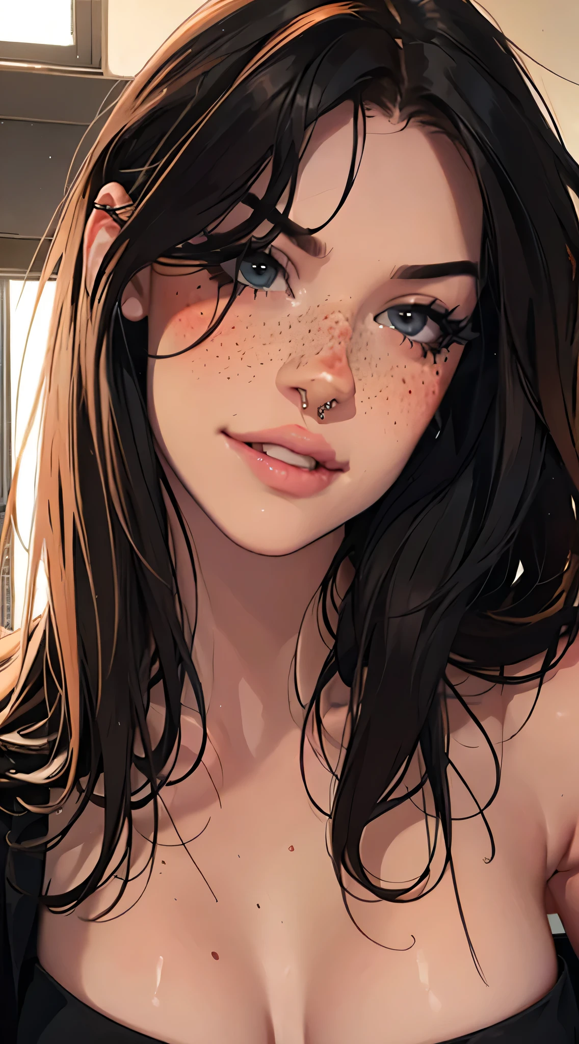 1 girl, Natural photography of a beautiful girl, wearing a loose crop top, leaning over, short flowing hair, big bust, locks eyes into the camera, symmetrical eyes, symmetrical face, photorealistic, photography, path tracing, specular lighting, volumetric face light, path traced hair, visible shadows, intricate, elaborate, huge , cleavage, wet skin, flirty, freckles, blush, (covered in tattoos, septum piercing)