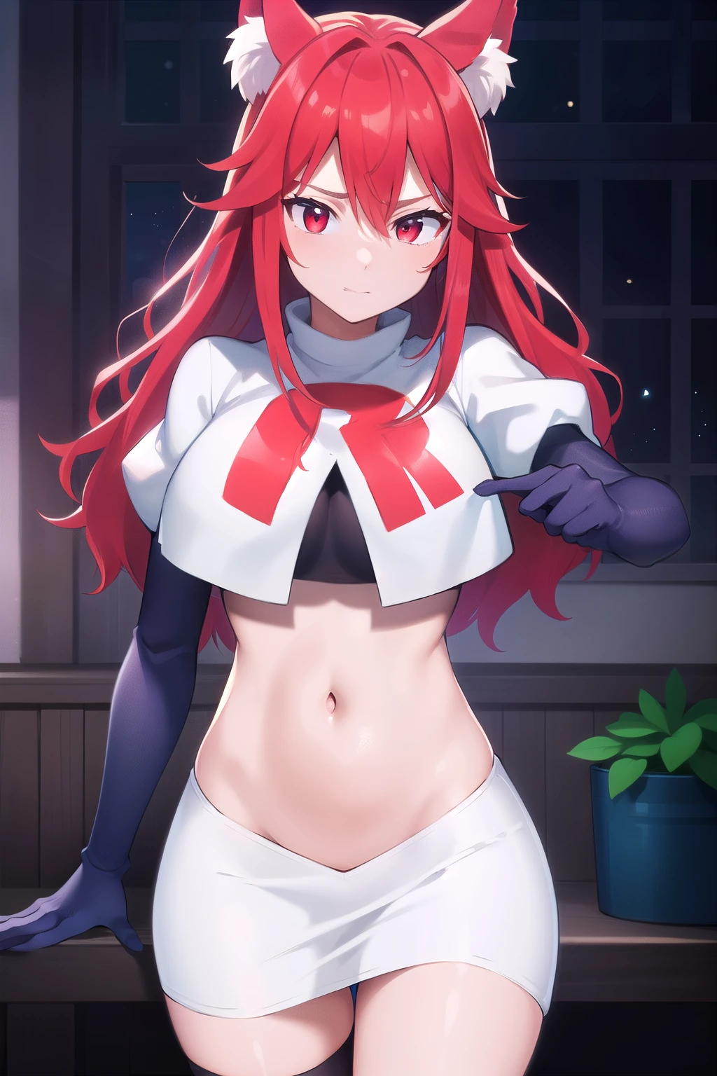 masterpiece, perfect lighting, (beautiful, best quality:1.3), perfect eyes, absurdres, 8k,
1girl, solo, (absurdres), finely detail,
flay_strongest, long hair, wolf ears, , wolf girl, red eyes, red hair,
team rocket,team rocket uniform,white skirt,red letter R,crop top,black thigh-highs,black elbow gloves, navel,