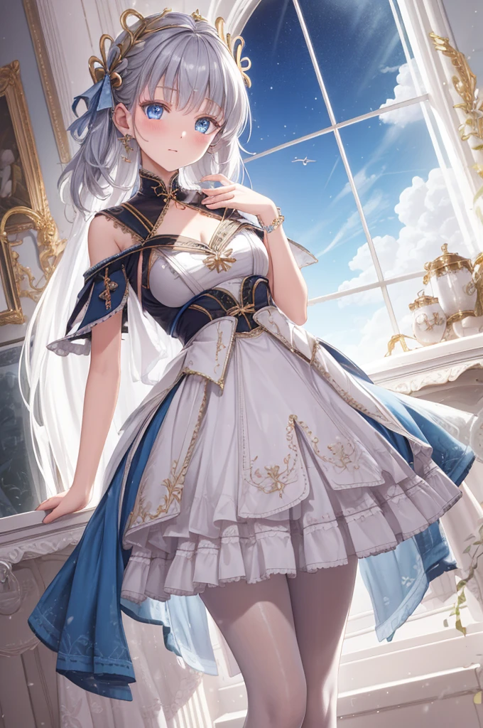 (best quality,4K,8k,high resolution,masterpiece:1.2),Extremely detailed,milf,,magic,enchanting,joy,Divine goddess,magical effect,Silver hair,blue eyes,Transparent dress,Exquisite decoration,Features of the magical costumes of the heavens，A small amount of sky blue cloth,Exquisite clothing,Layered Skirt,detailed lace,Delicate ruffles,bedroom,alone,at night,Lace pantyhose,Sacred stripes,Transparent clothing,Jewelry embellishments，Cute skirt