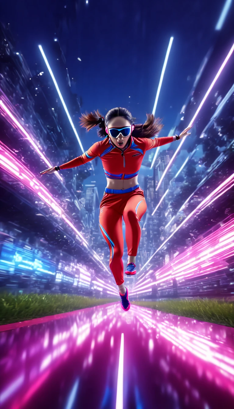 a portrait of photorealistic a girl speed run_ jumping over the camera(jump split stance:0.6) in stunning moment with a heavenly transition movement backgound, sport movement(hyper speed trail:1.8), high speed event, light trail behind her, view from ground(ground camera:1.5), run_jump over camera, red black sport suit, UHD, intricate detailed, 8k, best quality ever, masterpiece, super detailed, unleashed creativity, beyond imagination, dramatic light