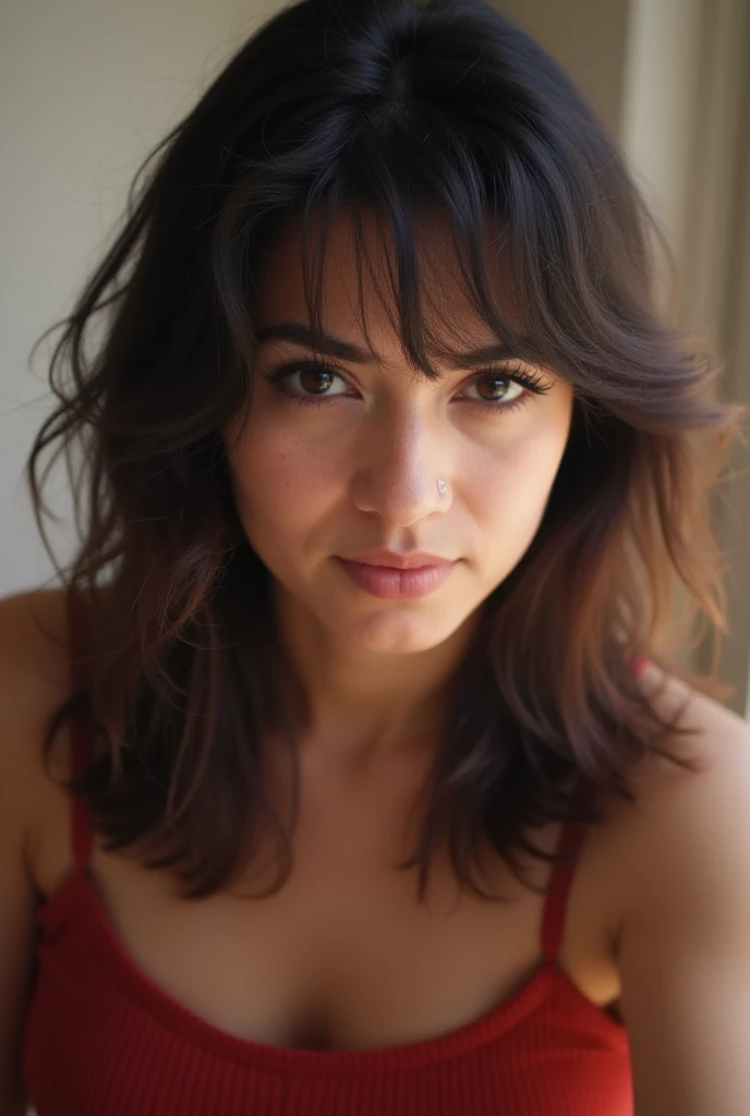 close-up portrait, (portrait photo), ((best quality)), masterpiece, 8k wallpaper, nikon, cinematic lighting, medium hair, (black iris)), (photorealistic:1.4), (woman), (as maid), (deep cleavage), (doing push ups)