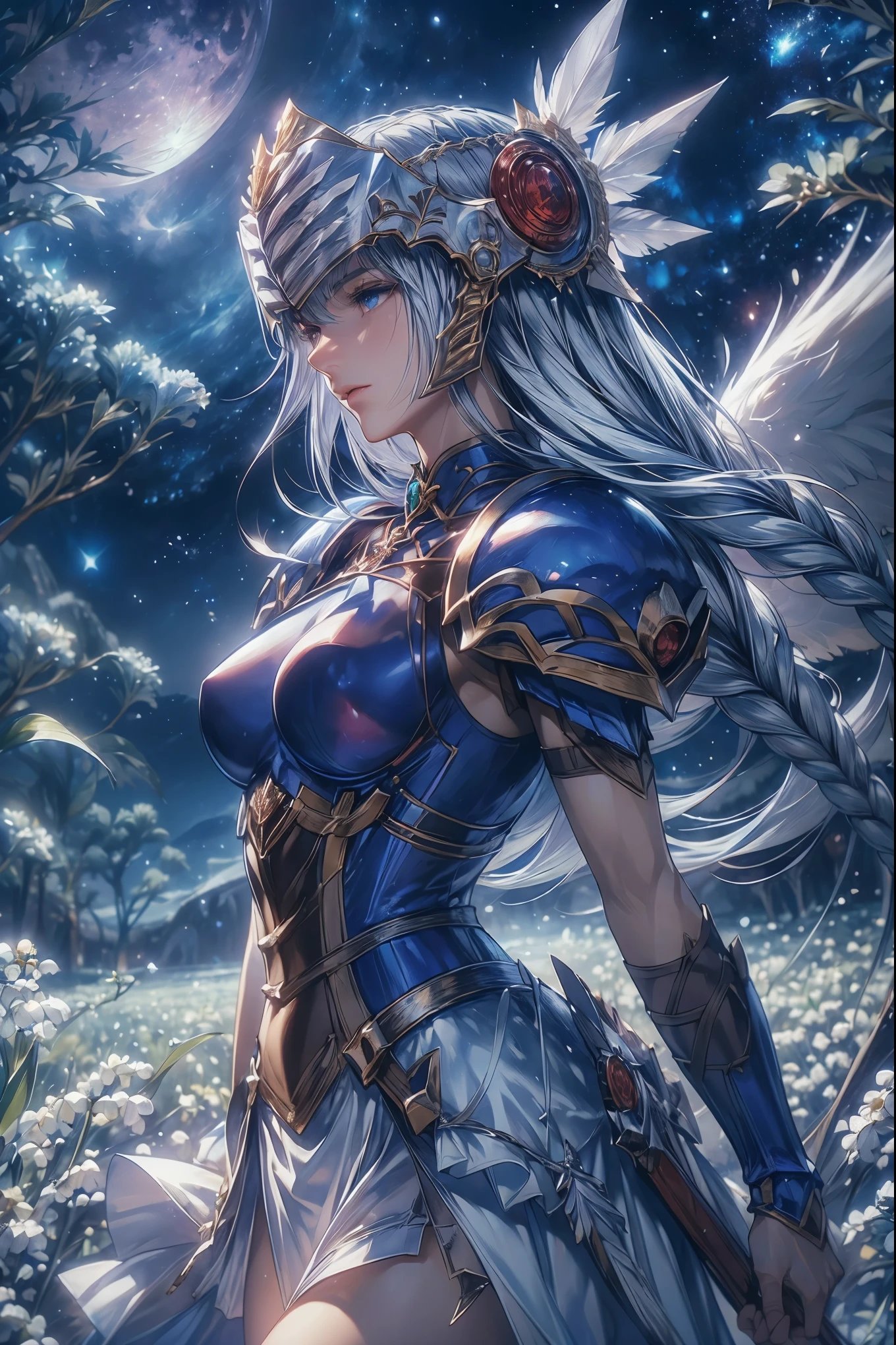 score_9, score_8_Excellent, score_7_Excellent, A 32K ((Best Quality)),( ultra high resolution),(Super detailed),( detailed depiction )((Highly detailed CG integration))),Maxi Kit, full body shot ,break,whole body, Angel Wings, hair with dazzling highlights , braided hair,, detailed face,( dark blue eyes:1.4, round eyes, beautiful lashes)), Clear Eyes , detailed eyes on board, beautiful skin ,Angel Wingsと剣を手にしたの女の子, Grey Hair(( super real , Dynamic action poses with vivid 3D )),(Realistic) , Dynamic Action Poses for Battle Scenes,Shiny blue armor ,Decorative blue armor, The center of the belly is made of leather and color 、 armored dress , ( silver helmet with red jewels 1 .6),(Blue Armor 1 with No Exposed Skin .3),Blue shoulder brace , Blue Gauntlets, blue lower back armor 、White Skirt, blue shin guard ,Sheath on the left waist , ( (Dynamic action poses for :1.6)), (( dramatic graphic background :Plains of lily of the valley 、 starry sky ,Giant Moon、 beautifully detailed backgrounds ,Moon and star background ,Night Sky)), Pale Moonlight , scattered blue feathers、 (solo:1.6 )