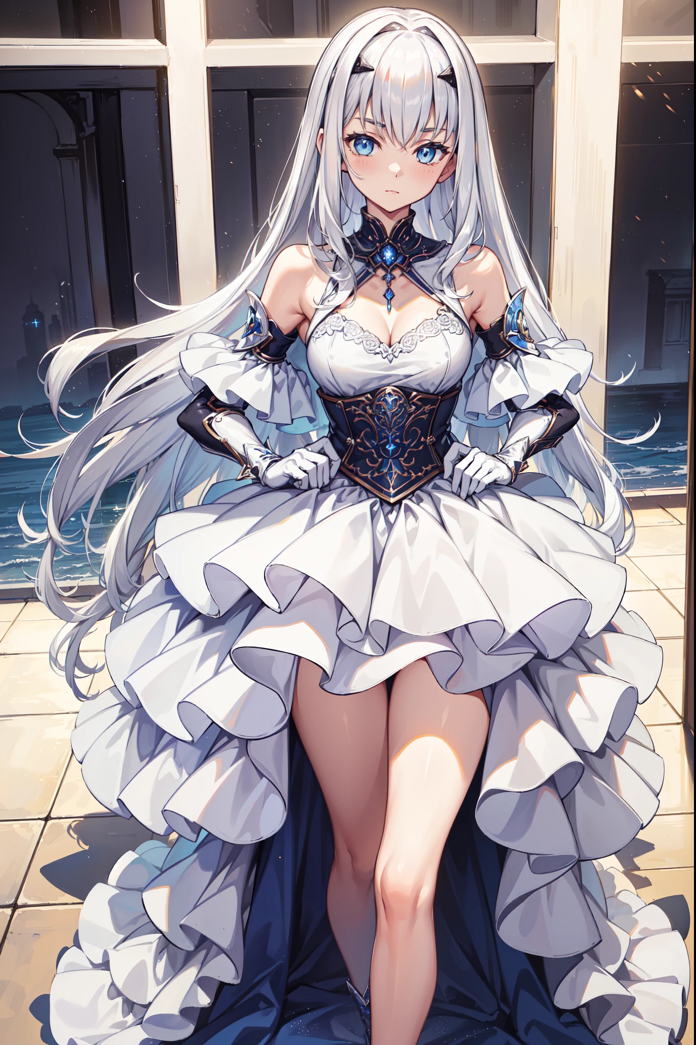 ( It's the best quality ,4K,8K,  High Res, masterpiece :1.2),   super detailed ,  girl ，Holy，(  Silver white hair )，  blue eyes ，obsessed， Elegant standing posture，玩得 happy ，in love，   Lightweight princess dress  ，  Detailed clothes ，pattern，Swimsuit， happy ，  From the room ，  alone ，Small amount of armor