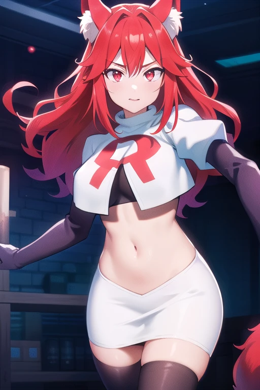 masterpiece, perfect lighting, (beautiful, best quality:1.3), perfect eyes, absurdres, 8k,
1girl, solo, (absurdres), finely detail,
flay_strongest, long hair, wolf ears, , wolf girl, red eyes, red hair,
team rocket,team rocket uniform,white skirt,red letter R,crop top,black thigh-highs,black elbow gloves, navel,