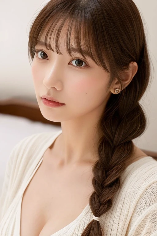 masterpiece, highest quality, 8k, 20th Generation, Large Breasts, cute, alone, A happy smile, cute, Girlish, Delicate girl, Pure beauty, RAW Photos, Professional photography, Portraiture, Soft Light, Professional Lighting, Backlight, Upper Body, avert your eyes, Sophisticated, Film Grain, (Eyes and facial details:1.0), (Flower Hair Ornaments,Braided top knot,Twisted Side Part Ponytail Braided Headband,Half Up、Braided Space Van,Voluminous fishtail braid,Twisted pan),(The bangs are see-through), T-shirts and cardigans、(Large Breasts:1.0)、You can see a little cleavage