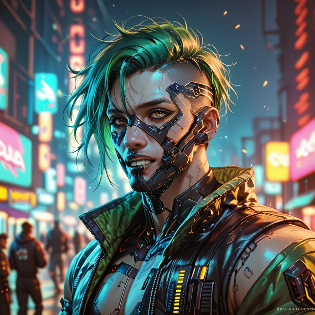 cyborg, 1_man_cyberpunk_2077, barghest, neon yellow and black techwear, bulky dude in a post apocalyptic las vegas, neongreen punk hair, wearing a mask with airfilter and golden teeth
