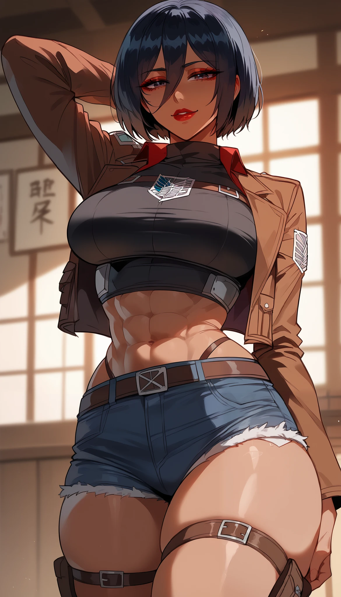  perfect eyes、 perfectly sexy face、ultra detailed、 Mikasa Ackerman、Attack on Titan、shiny hair、( Big breasts ), black shirt、black jacket、Tight Waist、thin waist、 dark blue denim shorts、 Thigh straps 、 glowing skin、 tanned skin 、Beleza、erotic、Red Eyeliner、 red lips 、wicked smile、 looking at the viewer 、