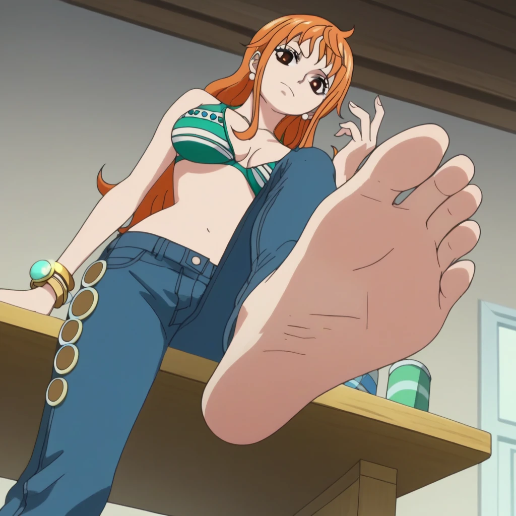 Source_anime, score_9, score_8_up, score_7_up, anime screencap, 8k, absurd res, Nami, 1girl, solo, long orange hair, official style, casual outfit (green and white striped bra, jeans, gold bracelets), barefoot, from below, foot focus, in a simple, cozy room, looking at viewer