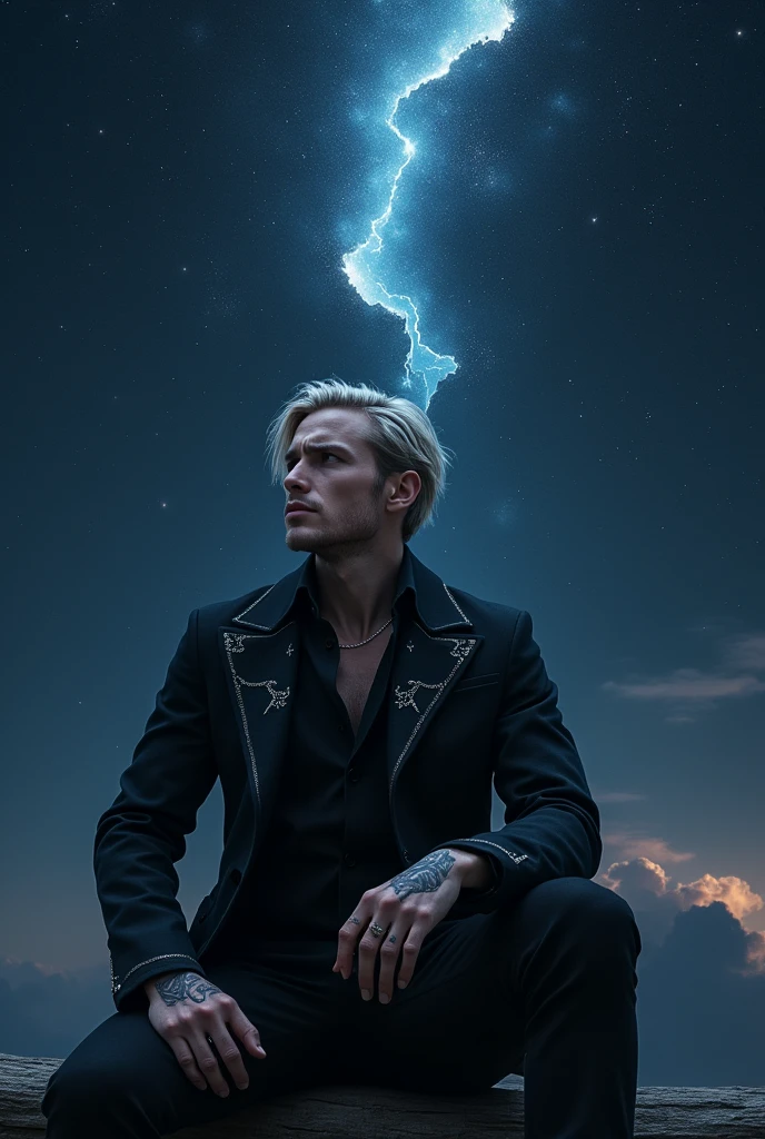 Imagine Victor, a strikingly handsome man with chin-length, medium-blond hair styled in layered cuts, blending rebellion with elegance. He sits calmly beneath a vast dome of stars, as though cradled by the cosmos itself. A single, gaping tear stretches across the dark sky above him, revealing a deep chasm beyond the heavens—a void where the stars seem to cascade into eternity. Dressed in a dark, tailored coat with subtle silver embroidery, his gaze drifts upward, thoughtful and unyielding. Shadows from the starlight play against his features, his tattoos—etched in the intricate shape of Ouroboros—visible on his forearm, glinting faintly in the spectral glow.(Masterpiece, highest quality, photorealistic, 8k wallpaper, celestial light, cosmic atmosphere, night sky with a rip, endless stars, serene yet profound mood, contemplative and defiant expression, subtle elegance, enigmatic energy)