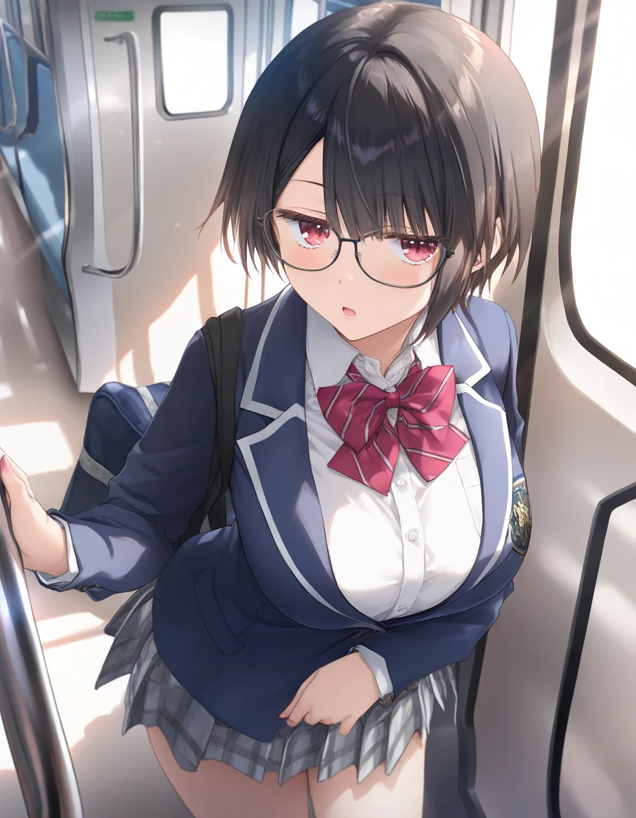 1girl, little female, school uniform, short hair, beautiful breasts, glasses, jitome, open mouth, train_interior, game CG break,((artist:shida_kazuhiro)),(artist:mitsumi_misato),(artist:fujiyama),,(masterpiece), (best quality), (ultra-detailed), very aesthetic, newest, beauty illustration,super detailed skin,  (masterpiece), (best quality), (ultra-detailed), very aesthetic lighting,hi res,absurd_res,2023,2024,(shaded),digital media (artwork), realistic lighting, 4k, 8k,