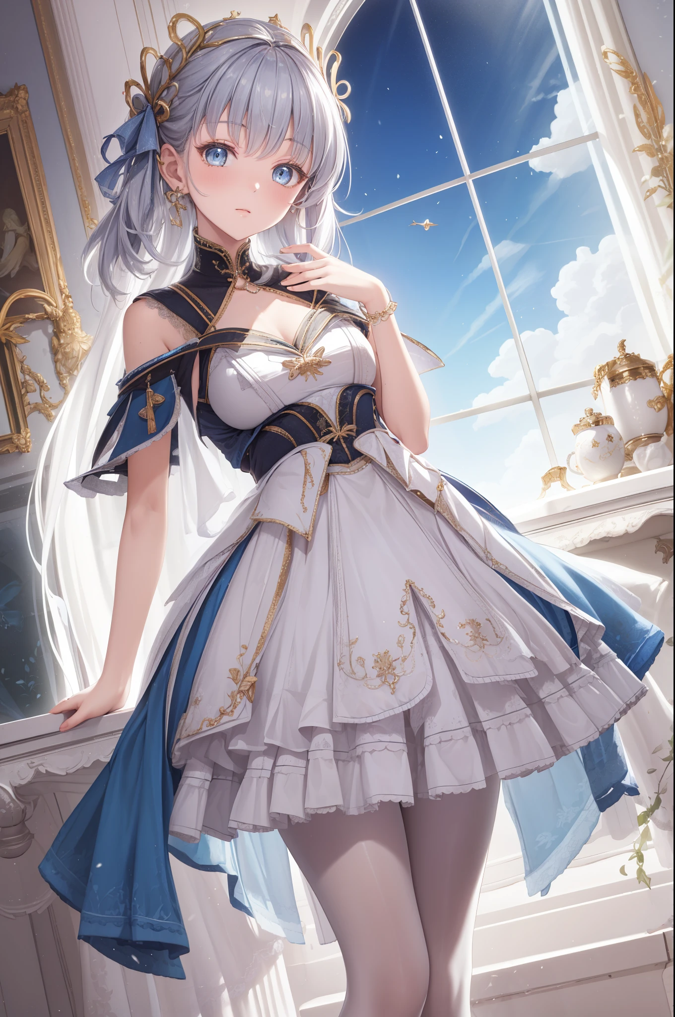 (best quality,4K,8k,high resolution,masterpiece:1.2),Extremely detailed,milf,,magic,enchanting,joy,Divine goddess,magical effect,Silver hair,blue eyes,Transparent dress,Exquisite decoration,Features of the magical costumes of the heavens，A small amount of sky blue cloth,Exquisite clothing,Layered Skirt,detailed lace,Delicate ruffles,bedroom,alone,at night,Lace pantyhose,Sacred stripes,Transparent clothing,Jewelry embellishments，Cute skirt