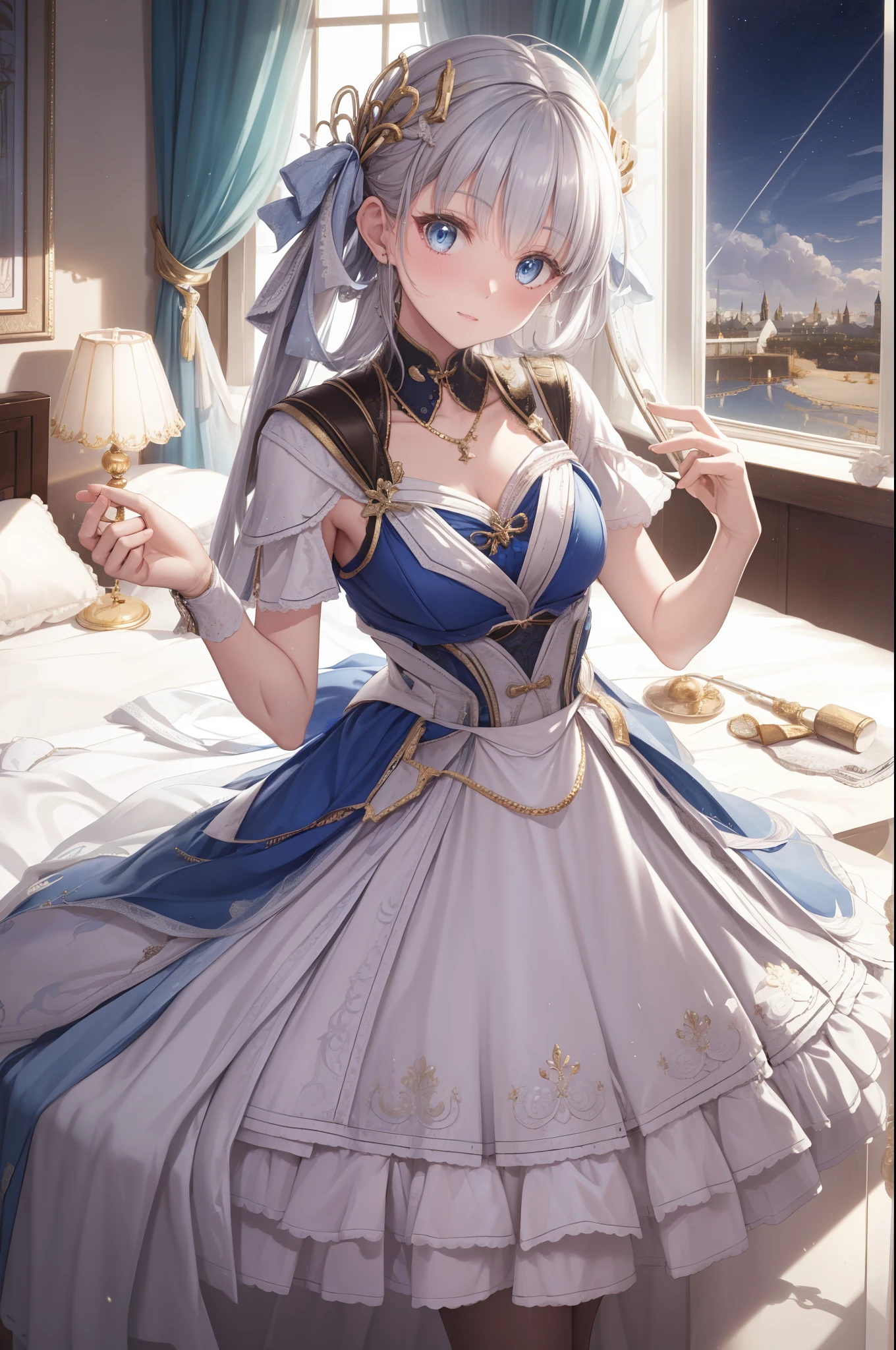 (best quality,4K,8k,high resolution,masterpiece:1.2),Extremely detailed,milf,,magic,enchanting,joy,Divine goddess,magical effect,Silver hair,blue eyes,Transparent dress,Exquisite decoration,Features of the magical costumes of the heavens，A small amount of sky blue cloth,Exquisite clothing,Layered Skirt,detailed lace,Delicate ruffles,bedroom,alone,at night,Lace pantyhose,Sacred stripes,Transparent clothing,Jewelry embellishments，Cute skirt