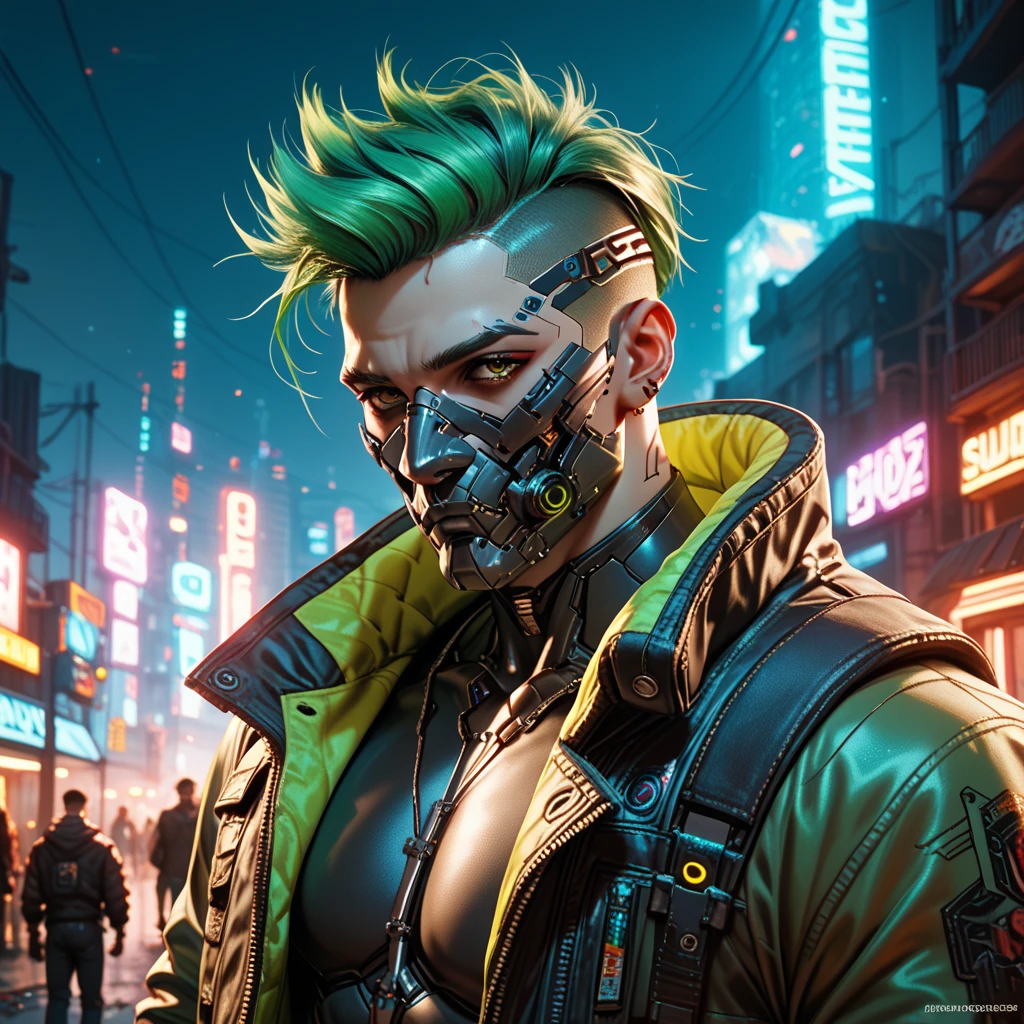 cyborg, 1_man_cyberpunk_2077, Barghest , neon yellow and black techwear, bulky dude in a post apocalyptic las vegas, neongreen punk hair, wearing a mask
