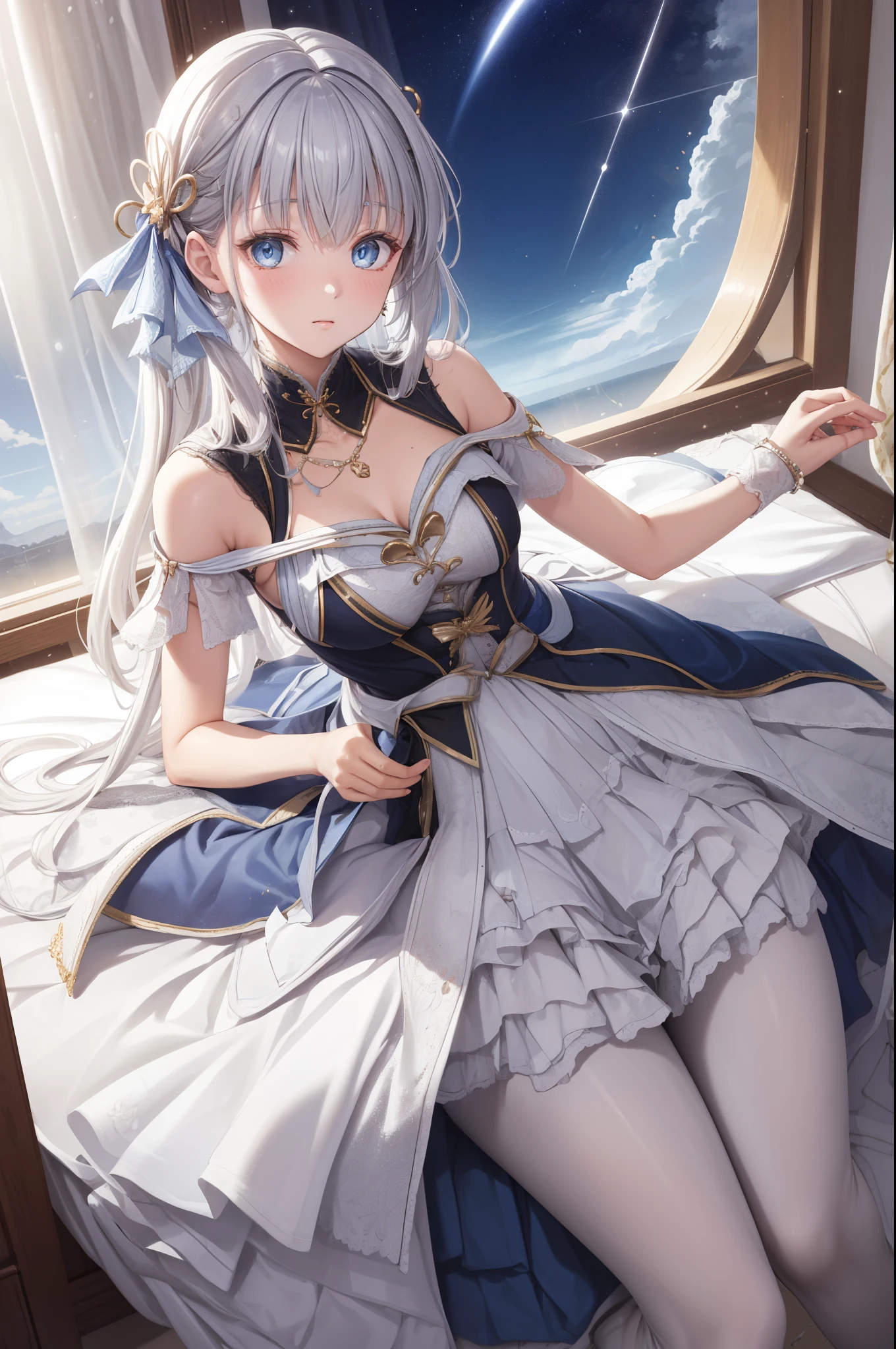 (best quality,4K,8k,high resolution,masterpiece:1.2),Extremely detailed,milf,,magic,enchanting,joy,Divine goddess,magical effect,Silver hair,blue eyes,Transparent dress,Exquisite decoration,Features of the magical costumes of the heavens，A small amount of sky blue cloth,Exquisite clothing,Layered Skirt,detailed lace,Delicate ruffles,bedroom,alone,at night,Lace pantyhose,Sacred stripes,Transparent clothing,Jewelry embellishments，Cute skirt